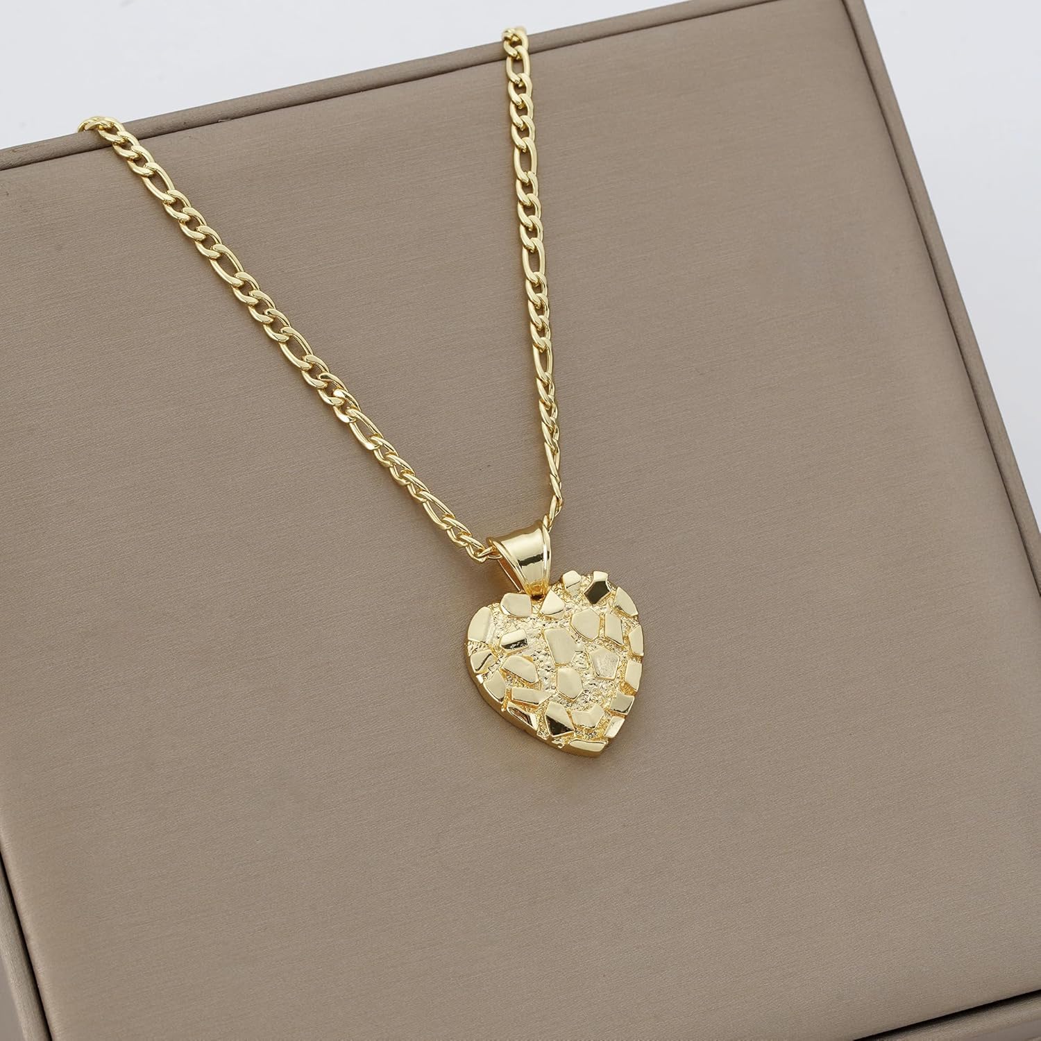 14k Gold Plated Rough Textured Cookie Nugget Heart Shape Charm Pendant Necklace For Women Men