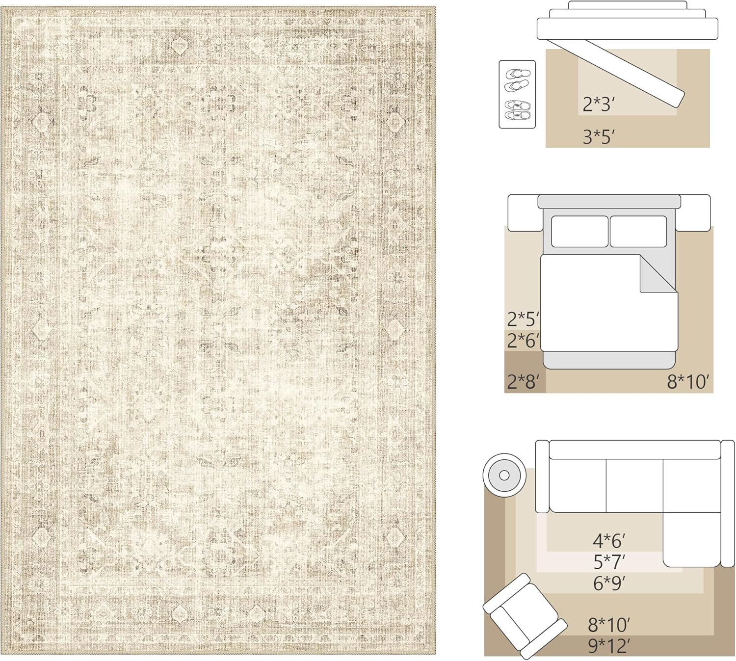 FMFUNCTEX 8x10 Washable Area Rug Beige Neutral Vintage Distressed Oriental Large Non Slip Carpet for Living Room Bedroom Traditional Retro Soft Low Pile Indoor Rugs for Dining Room Office Nursery