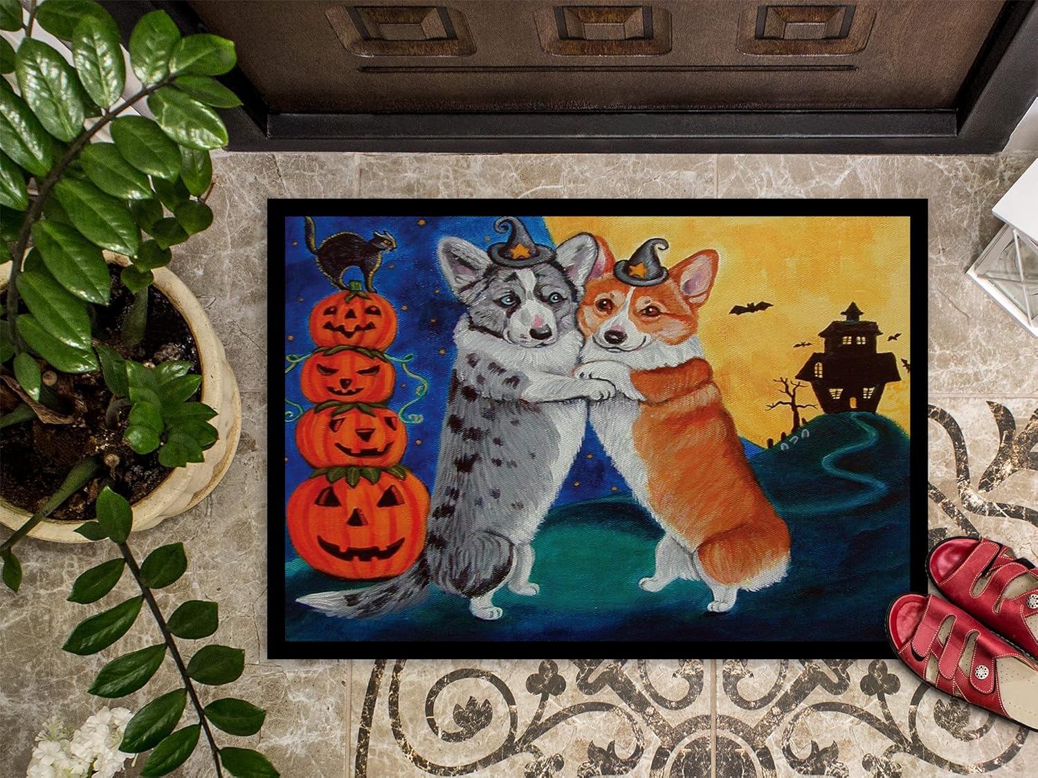 Caroline's Treasures 7413MAT Corgi Halloween Scare Doormat 18x27 Front Door Mat Indoor Outdoor Rugs for Entryway, Non Slip Washable Low Pile, 18H X 27W