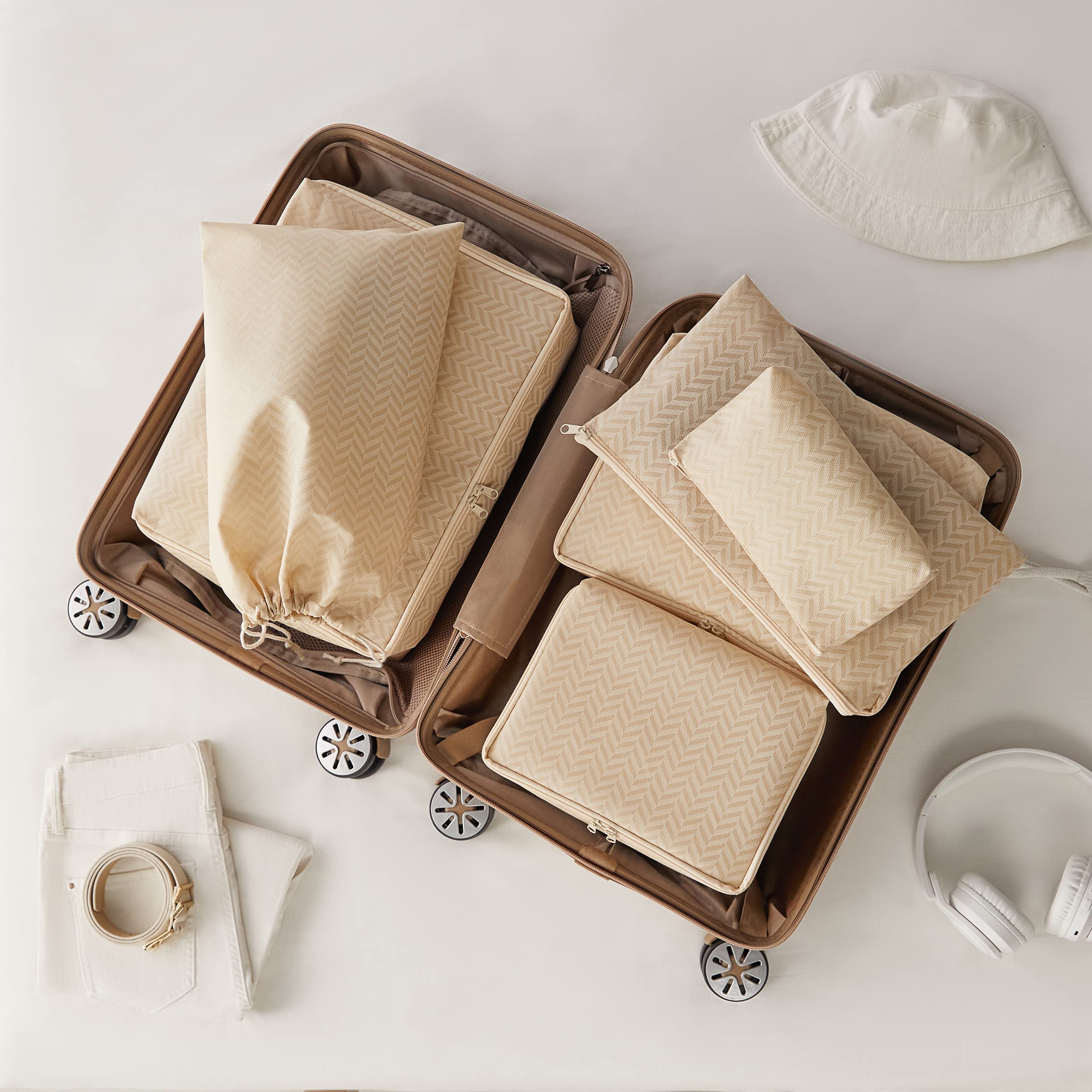 Ocean Home Textile 6'lı Bej Balıksırtı Bavul İçi Düzenleyici Set