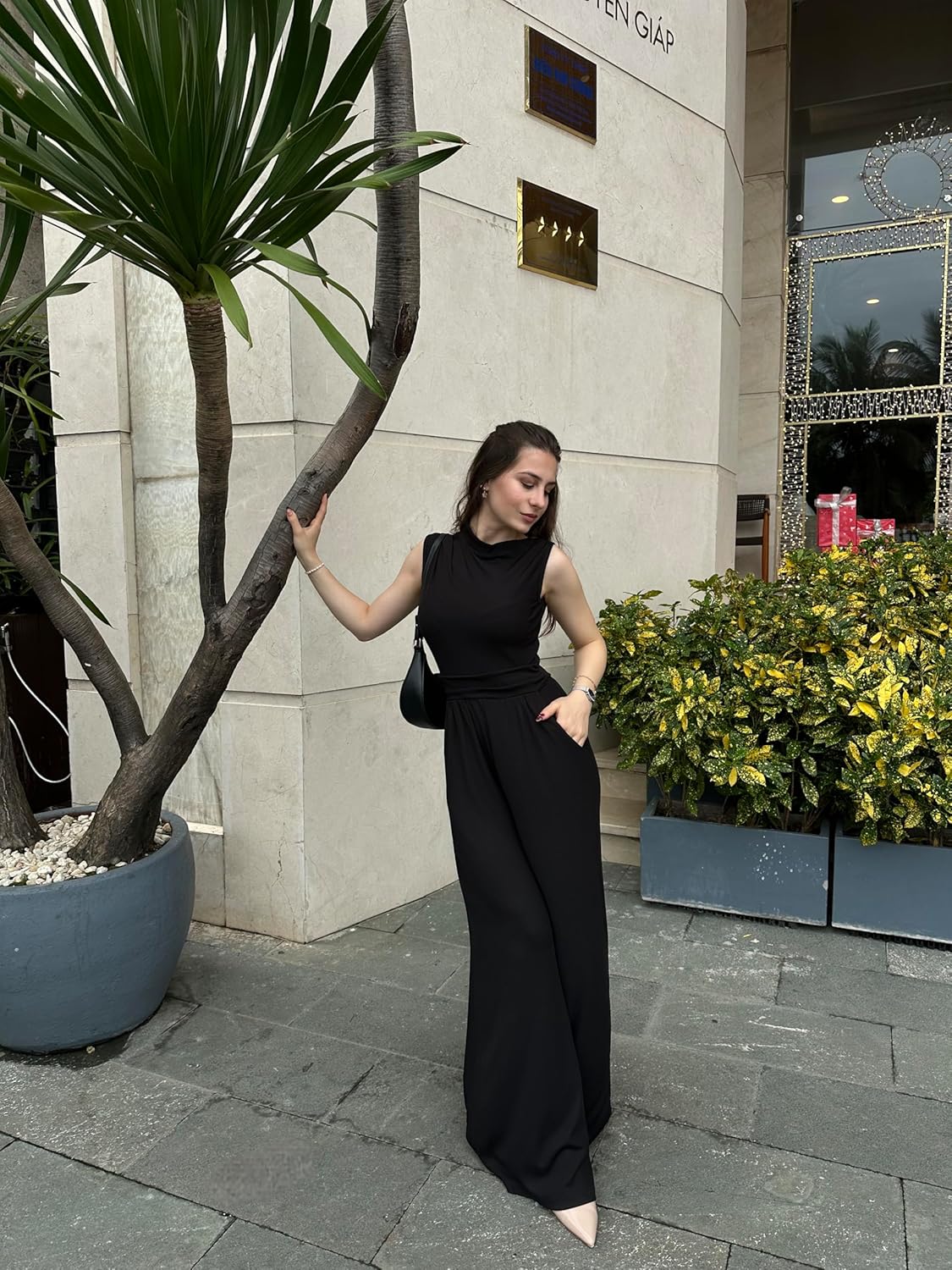 Miusol Women's Casual Sleeveless Mock Neck Ruched Wide Leg Jumpsuit Summer Formal Long Romper with Pockets - Image 4