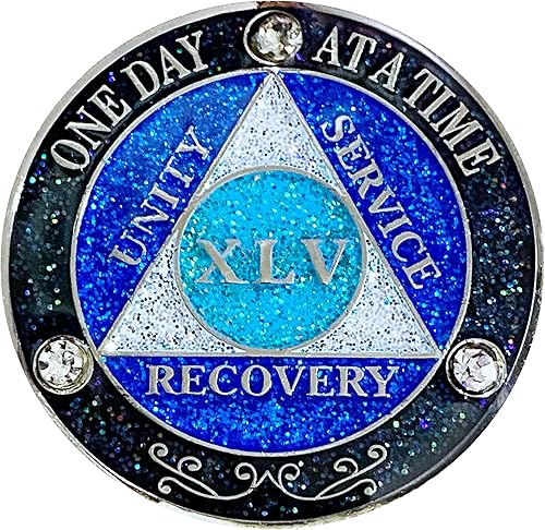 Vista 40 de (años 1-50) AA 17 años de cristales y medallón de purpurina, chapado en color plateado, arco iris negro, purpurina azul y tres cristales