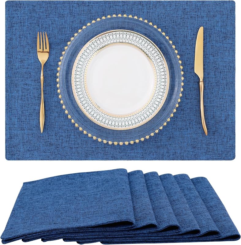 Faux Cotton Linen Placemats Set of 6, Cloth Washable Farmhouse Dining Table Mats for Indoors & Outdoors, Easy to Clean, Navy Blue, 13 x 19 Inch