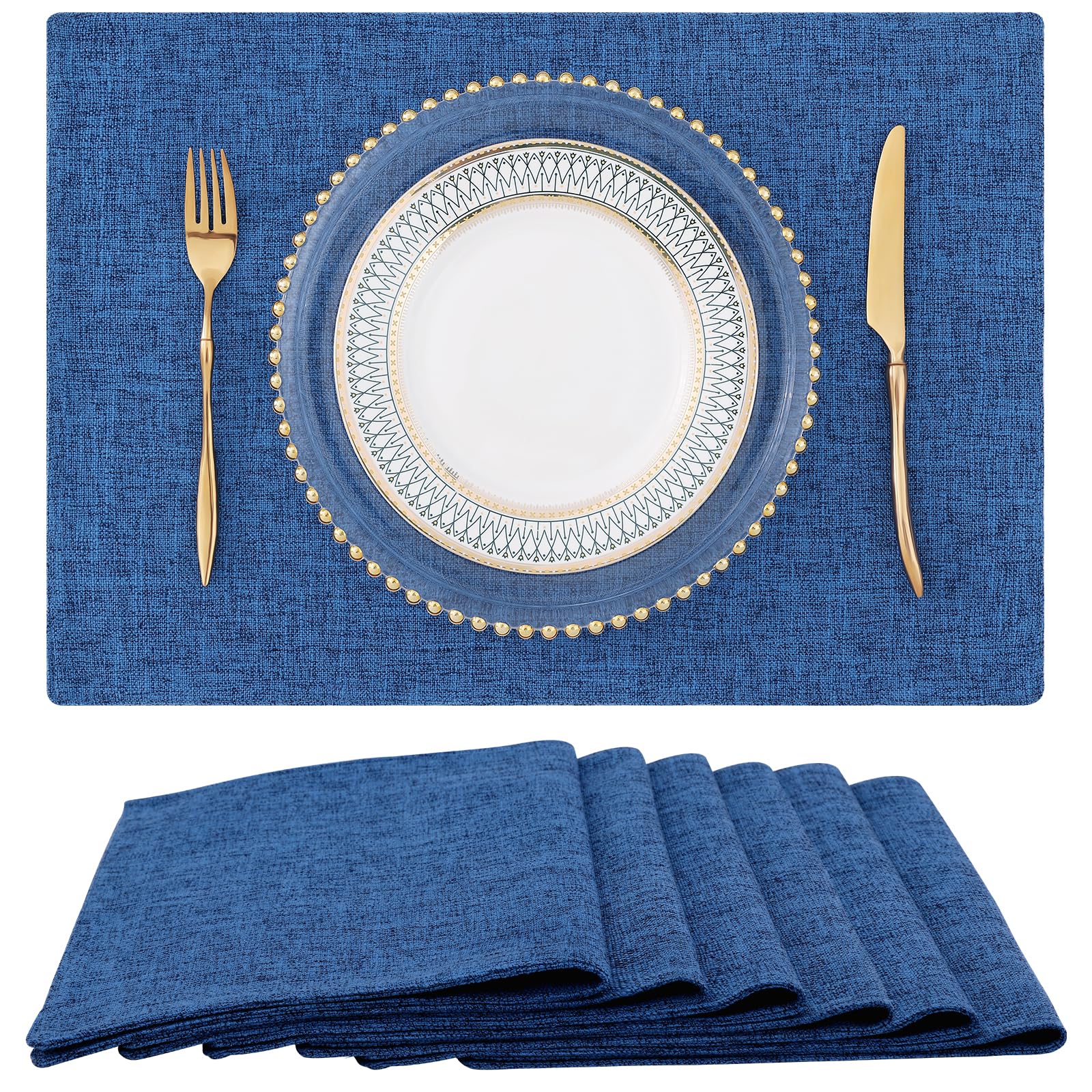 homing Cotton Linen Placemats Set of 6, Cloth Washable Farmhouse Dining Table Mats for Indoors & Outdoors, Easy to Clean, Navy Blue, 13 x 19 Inch