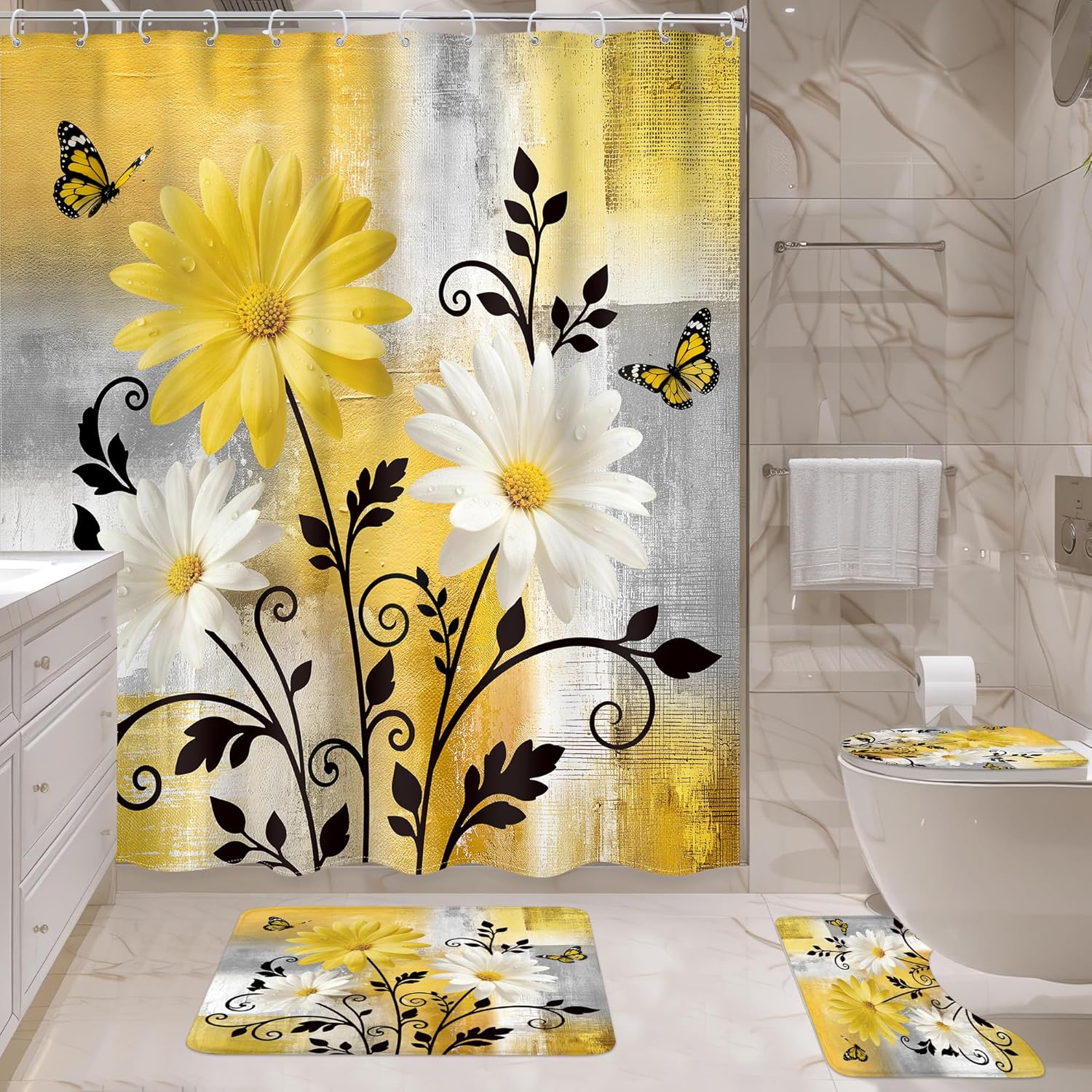 4 PCS Floral Yellow Grey Bathroom Set with Shower Curtain and Rugs 72Wx72H Inch Modern Abstract Daisy Brush Non-Slip Bath Rug Toilet Lid Cover and U Shape Mat Accessories 12 Hooks Bathoom Decor