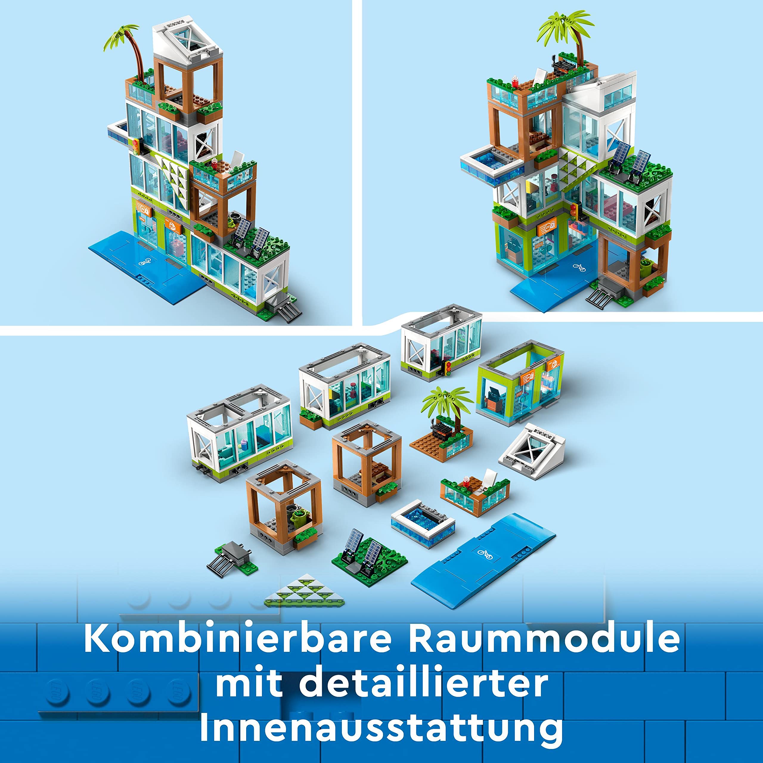 LEGO 60365 City Appartementhaus Set, Konstruktions-Spielzeug mit Eckladen, Wohnzimmer, Küche und Schlafzimmer, mit Scooter, Fahrrad, 6 Minifiguren und Einer Straßenplatte