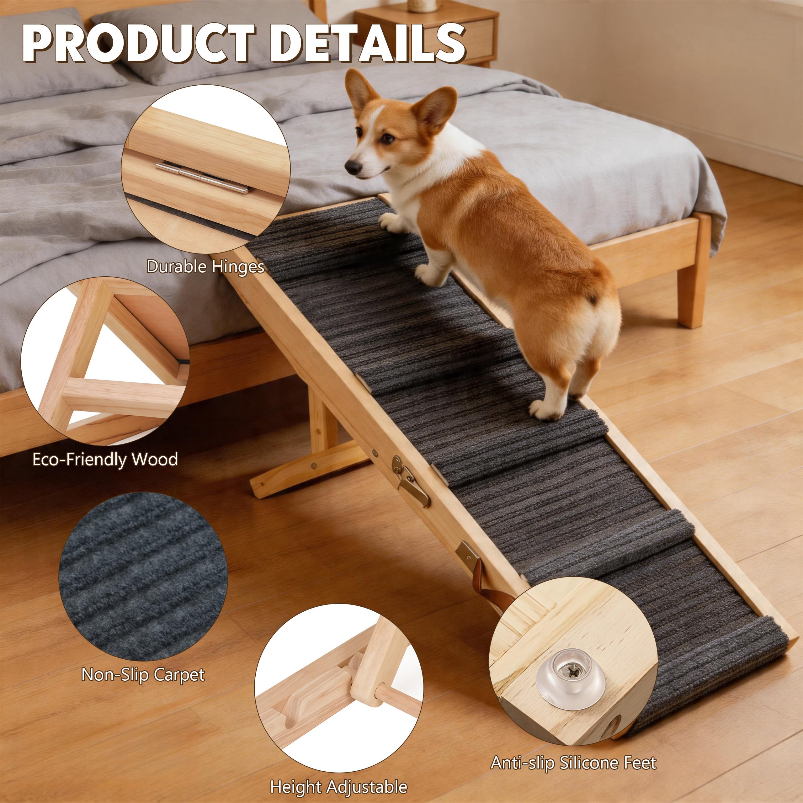 Hunderampe aus Holz, Hundetreppe 4 Stufen Verstellbar 23cm bis 46cm, verstellbare Rampe Hund für Sofa Auto Bett, Hunderampen Auto Klappbar für Mittelgroße Hunde, Kleine, bis 60 kg