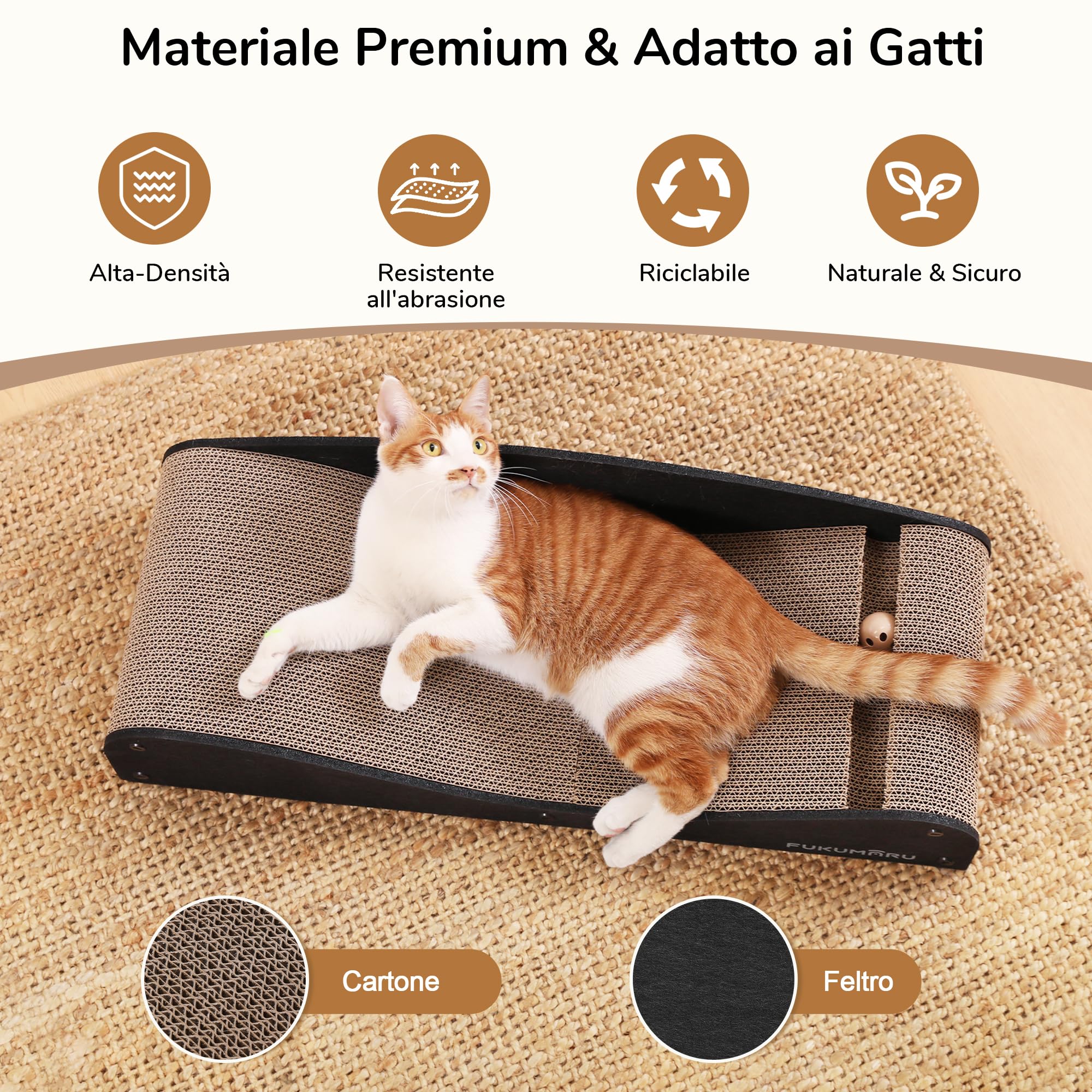 FUKUMARU Lettino Tiragraffi per Gatti in Cartone, Cuccia Tiragraffi Extra Lungo 74 cm, Divano per Gatti con Cuscino in Feltro Naturale, Graffiatoio Orizzontale con Pallina Giocattolo, Nero