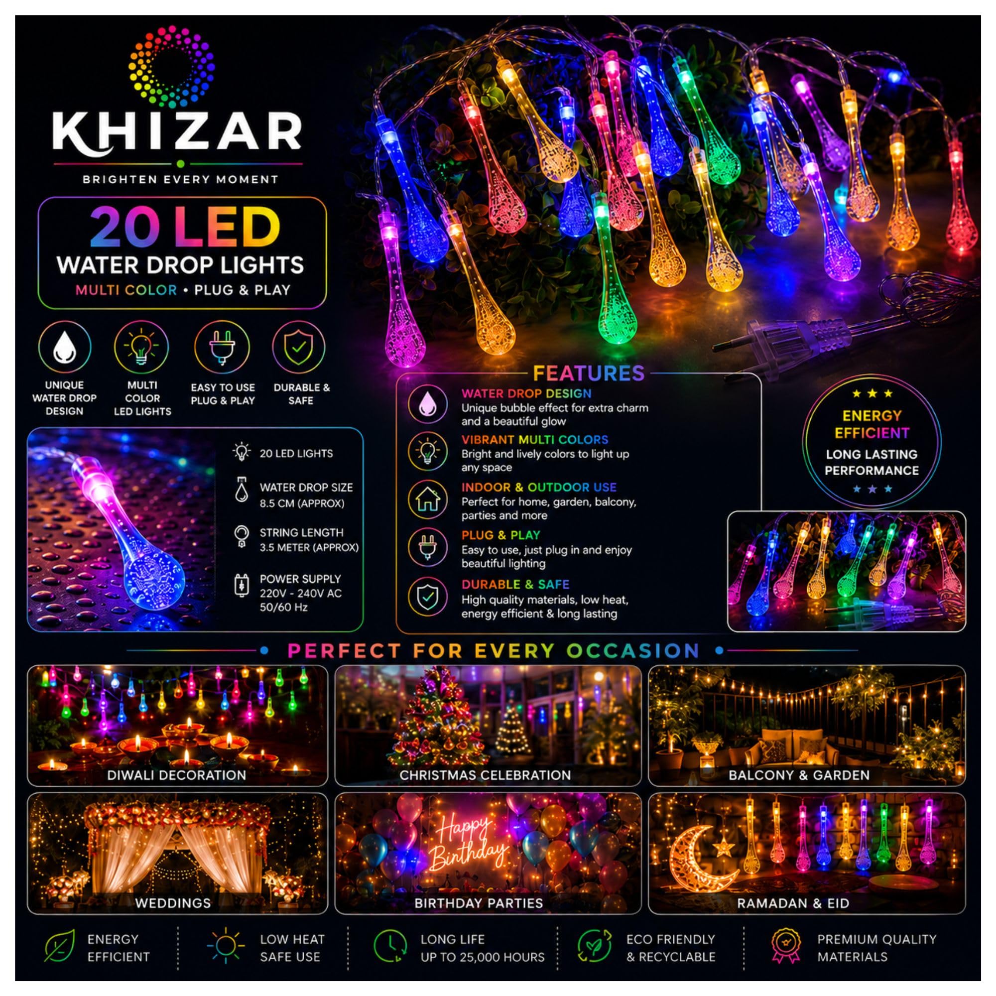 KHIZAR 20 LED Water Drop String Lights, Multi-Color Decorative Fairy Lights, Plug-in Hanging Lights for Eid, Ramadan, Diwali, Bedroom, Balcony, Wedding, Party & Home Decoration 4