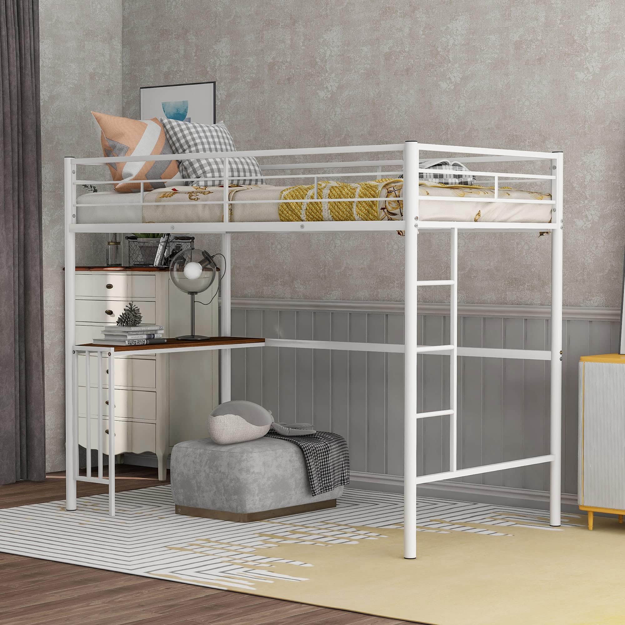 DEYOBED White Metal Loft Bed Twin Size with Desk, Ladder