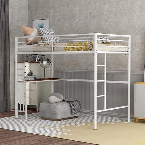 SOFTSEA Metal Loft Bed with Desk and Shelve for Kids/Adults/Teens, Twin Size (White+Loft with Desk)