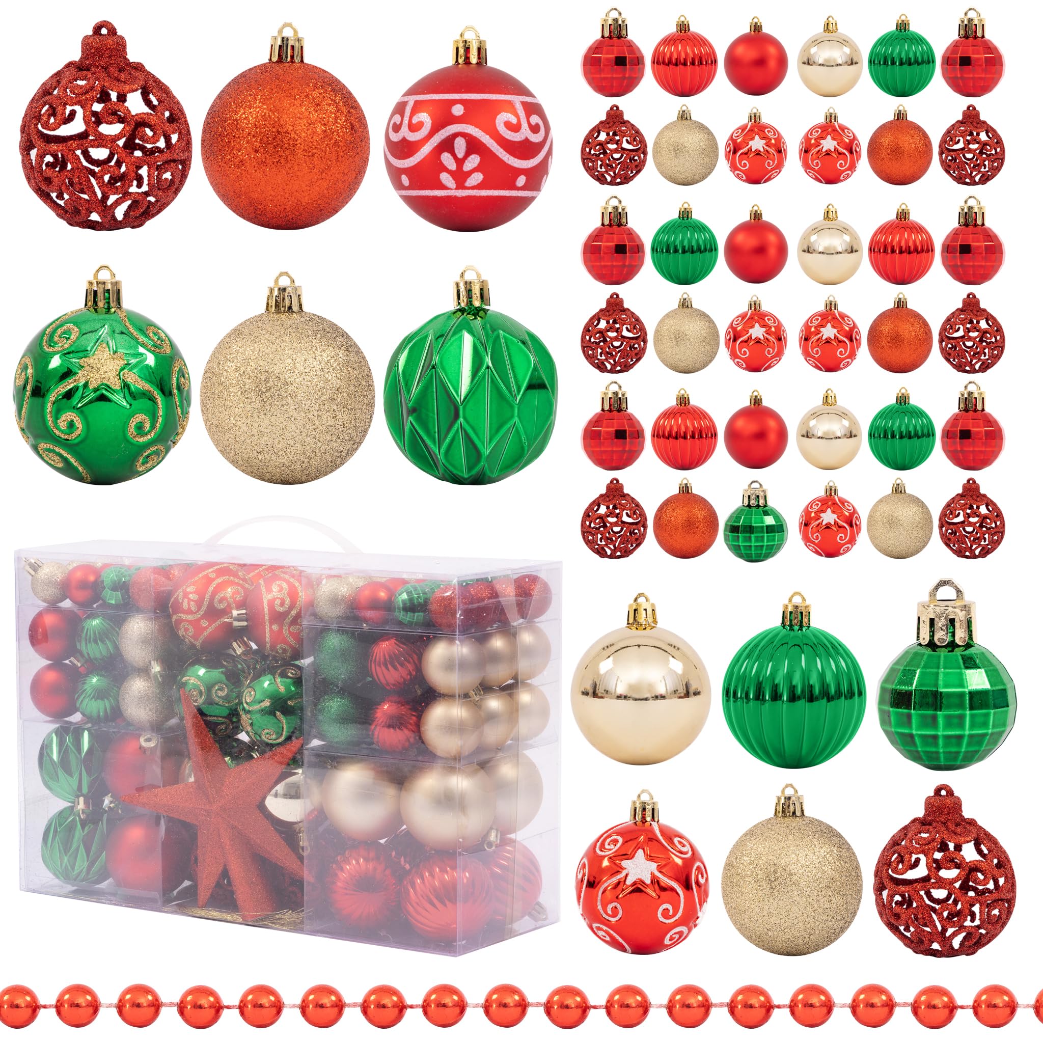 Evelay Traditional Christmas Tree Decoration Set 100 Pieces - Baubles, Star Topper & Bead Garland - Glitter, Matte & Metallic Ornaments (Traditional)
