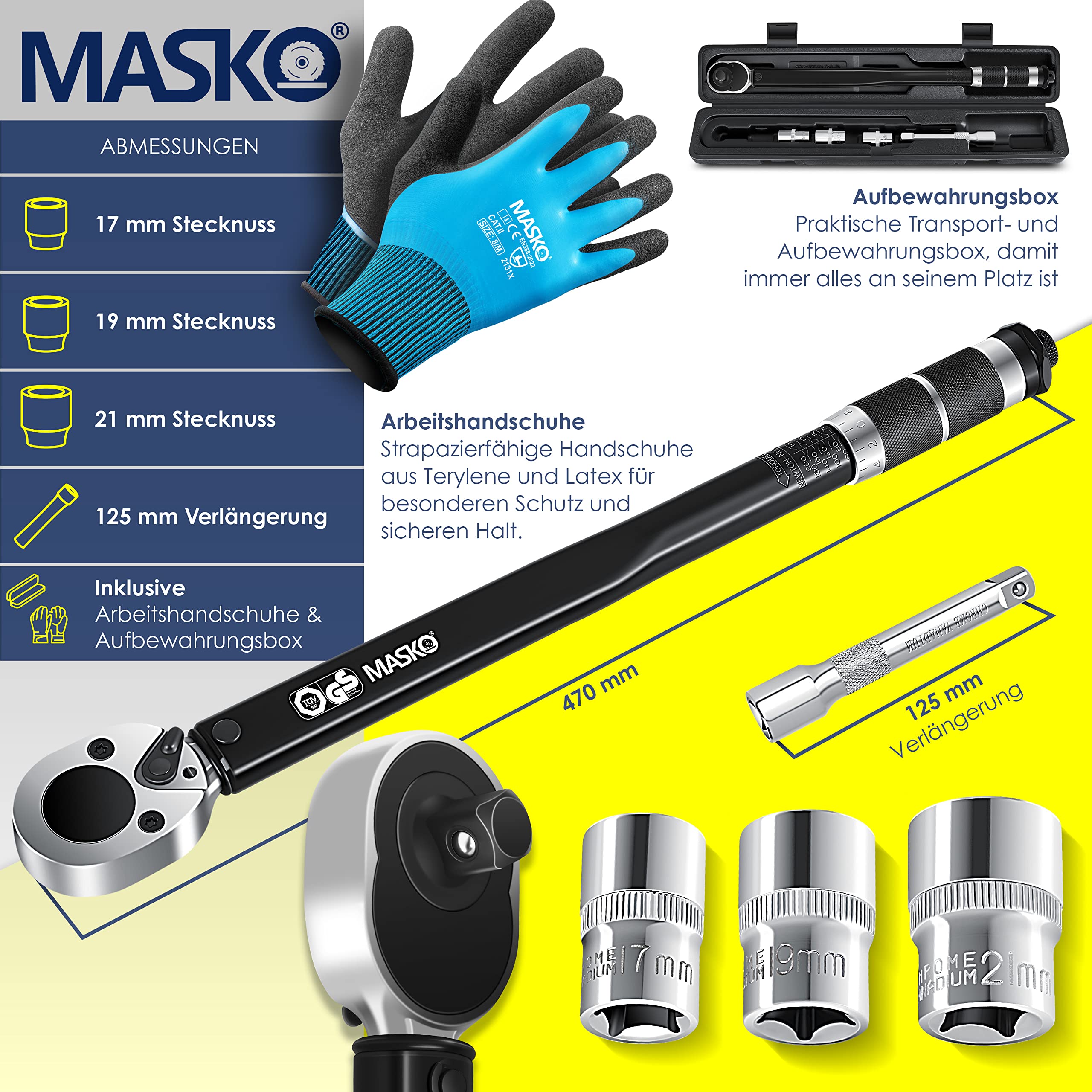 Masko® Chiave dinamometrica 6 pz. Set 40-210Nm 1/2 ' CV con 3 attacchi da 17 mm, 19 mm, 21 mm e prolunga da 125 mm con custodia +/- 4% di tolleranza chiave per pneumatici chiave dinamometrica