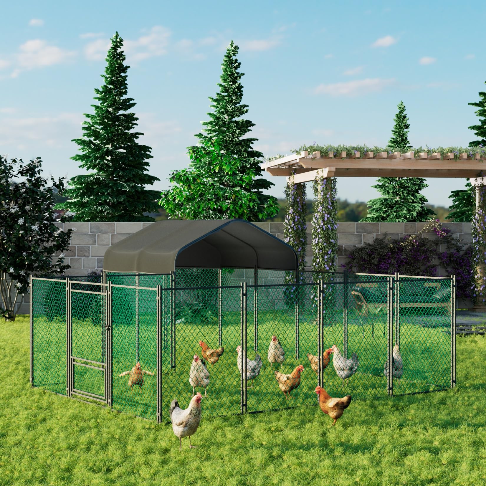 BingoPaw Poulailler Enclos Extérieur 10 m², Parc à Poules Grillagé Cage à Poule Grande Taille Cadre en Acier Galvanisé avec Bâche
