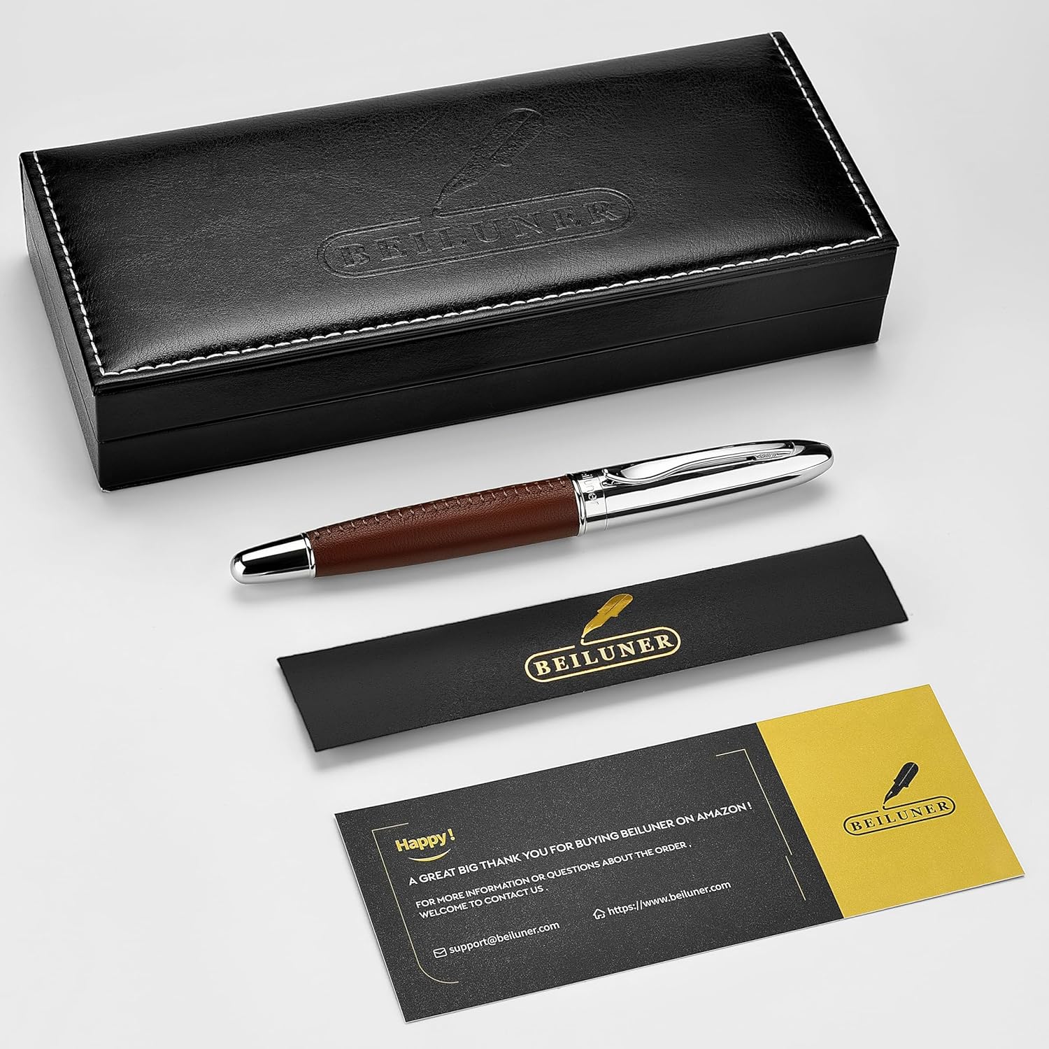 BEILUNER 318 Luxury Leather Pen, Hand-Stitched Premium Leather, Chrome-Plated Finish, Schmidt Ink Refill, Fancy Rollerball Pen Gift Set for Men & Women, Executive Writing, Nice Designer pen - Image 8