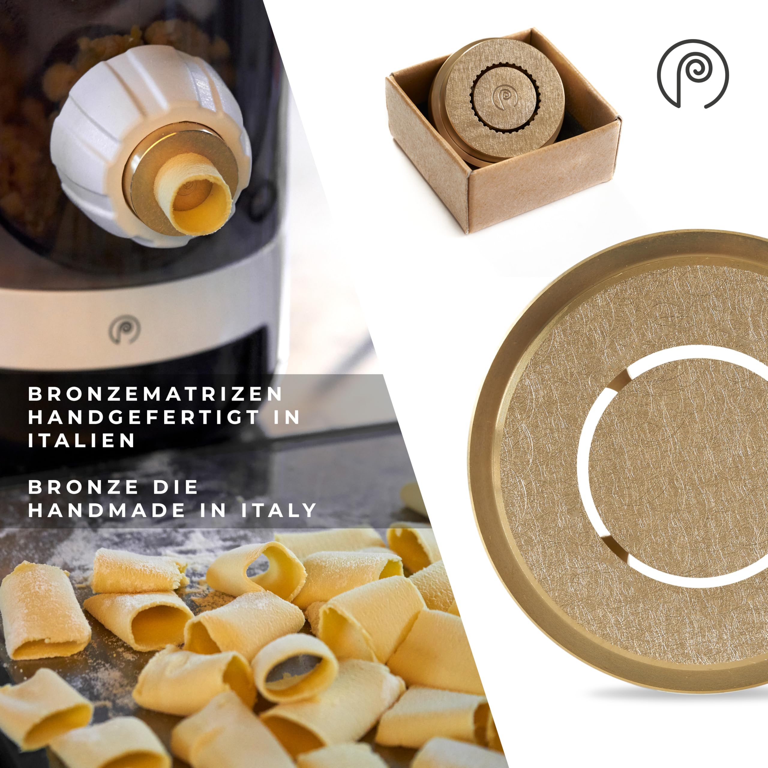 Pastaio Nudelmaschine mit 14 Aufsätzen, 3 aus Bronze, integrierte Waage, bis 800 g Teig, 19 Nudelsorten Classe Italy