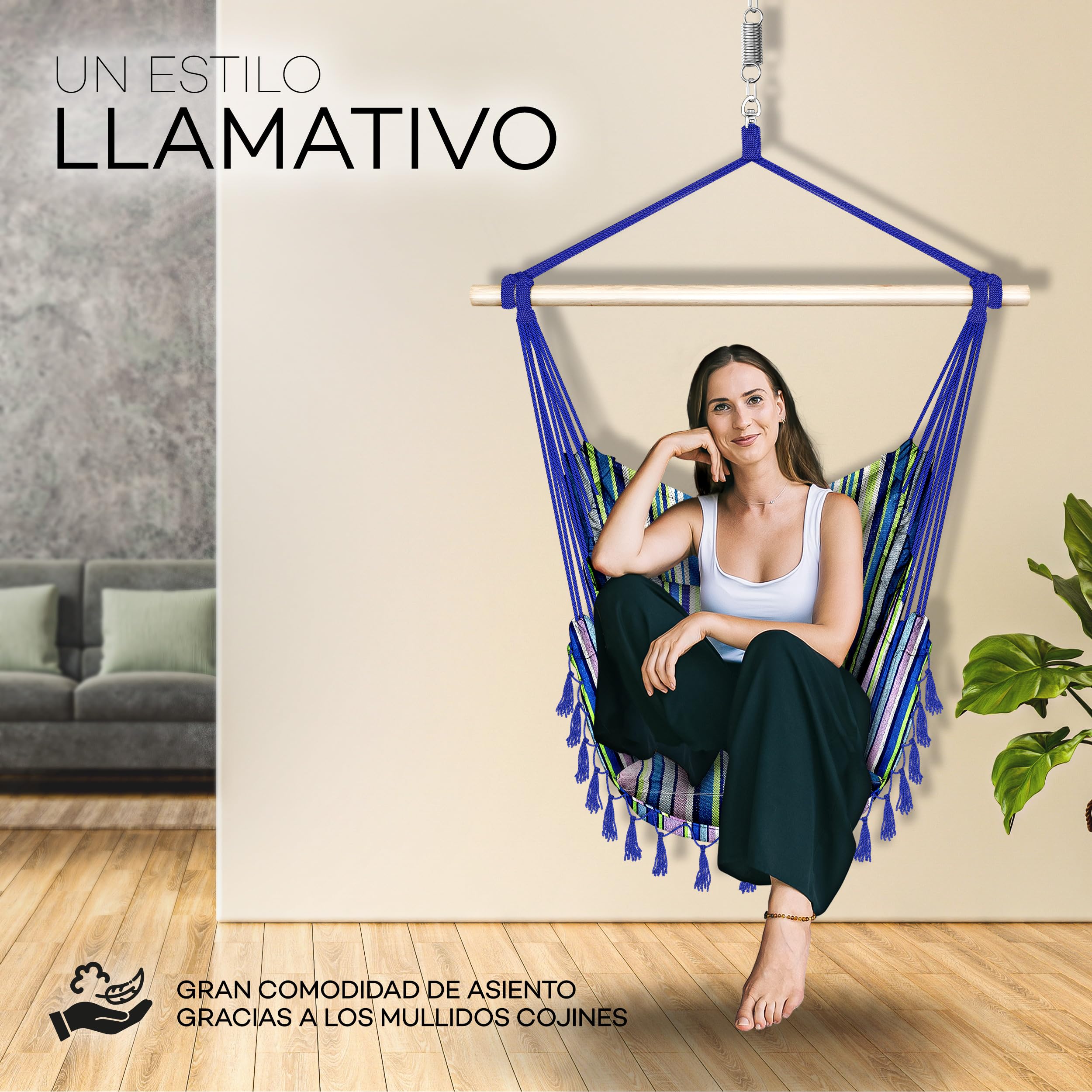 tillvex Silla Colgante hasta 150 kg | Columpio para Colgar en Exterior e Interior | Hamaca con Cuerda, Cojines y Flecos | Kit de Suspensión para Jardín, Terraza, Balcón (Multicolor (con 2 Cojines))