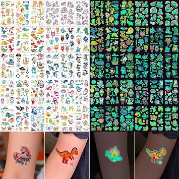 Glow Temporary Tattoo for Kids,400 Pcs Mix Style Glow in the Dark Tattoos Stickers Animal/Dinosaur/Mermaid/Unicorn/Space/Butterfly/shark Luminous Tattoo for Boy Girls Party Body Art Decor Q573