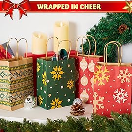 JOYIN 24 PCS Christmas Kraft Bags Holiday Paper Goody Gift Bags with Handles for Xmas Gifts Wrapping Party, Giant Gifts Decorations, Classrooms and Party Favors (Red+Green, 8.27 x 5.91 x 3.15)