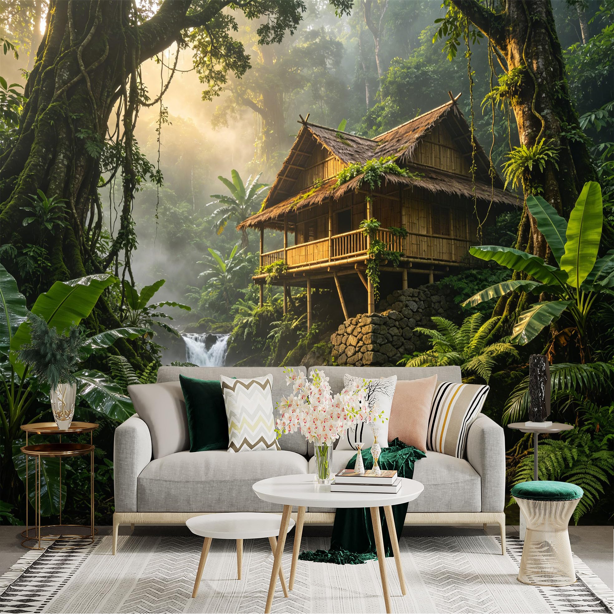 Custom Size Wall Sticker Mural， Tropical Jungle with Bamboo Hut， Waterfall and Lush Green Plants， for wall Decoration， peelandstick wall Decals.