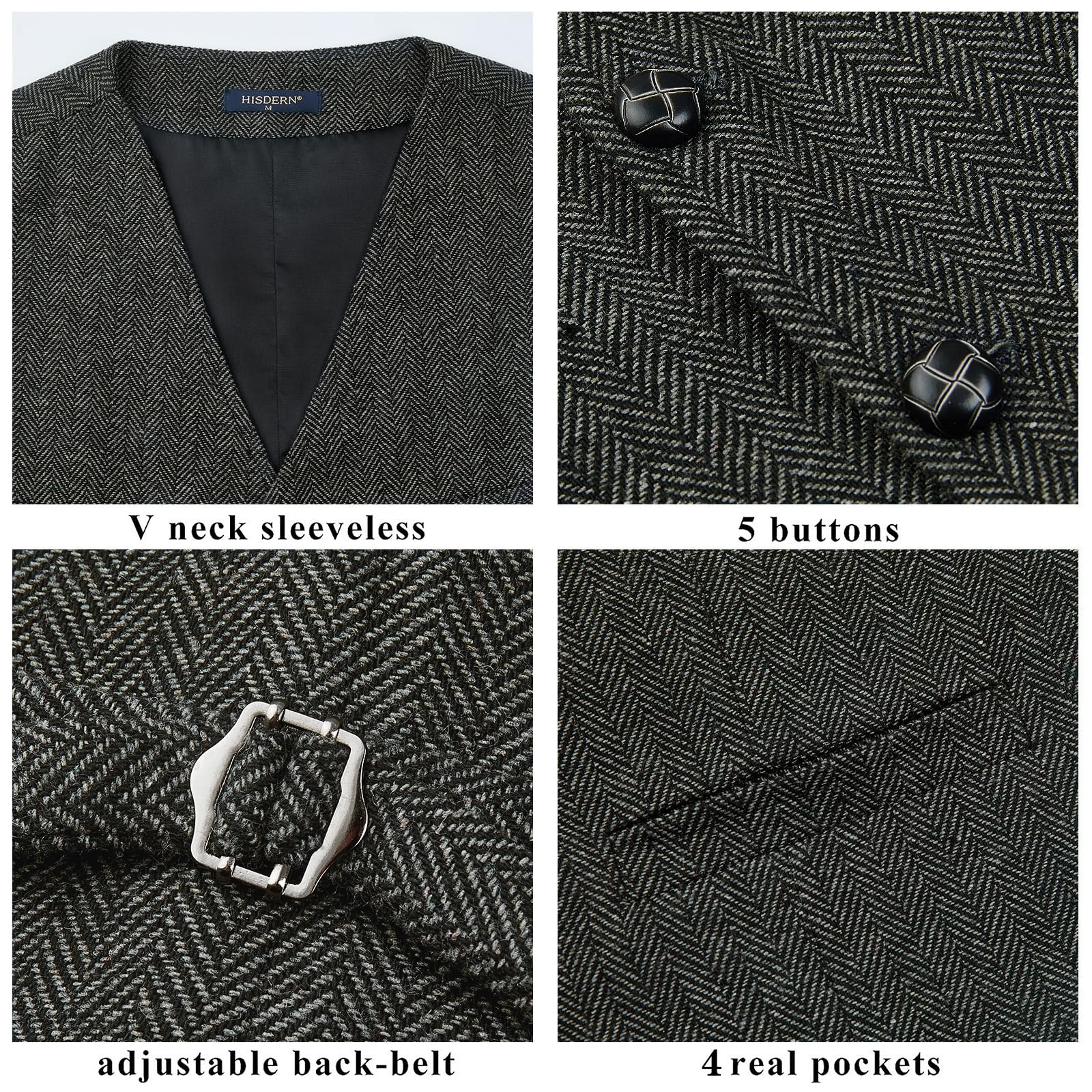 HISDERN Chaleco Traje Hombre Vintage Casual Chaleco Tweed de Lana Hombre para Boda Negocios con Bolsillos