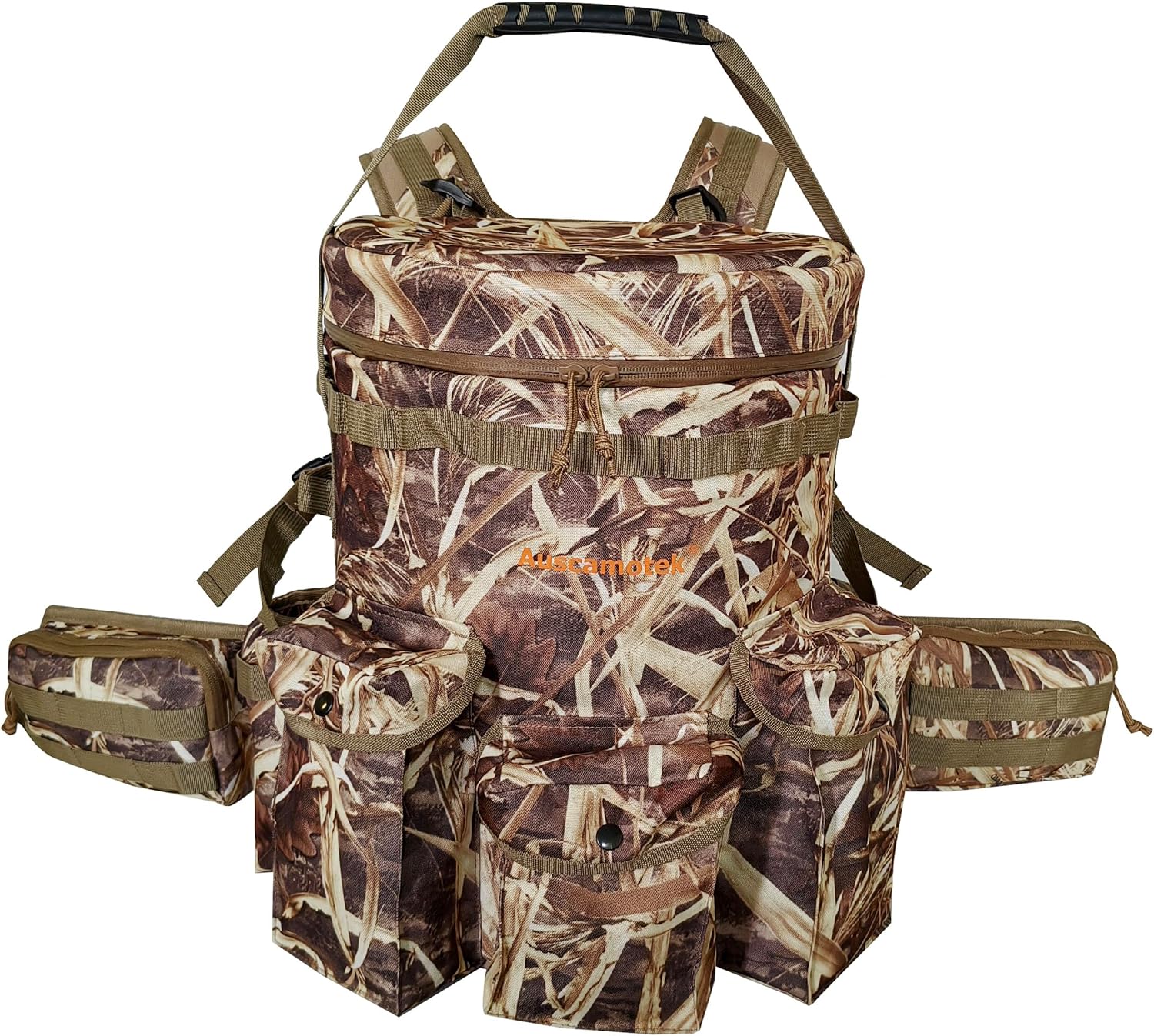 AUSCAMOTEK Insulated Bucket Backpack with 360° Swivel Lid – Camo Cooler Backpack with 5-Gallon Bucket for Hunting, Fishing, Camping, Outdoor Sports – Wetland Camo