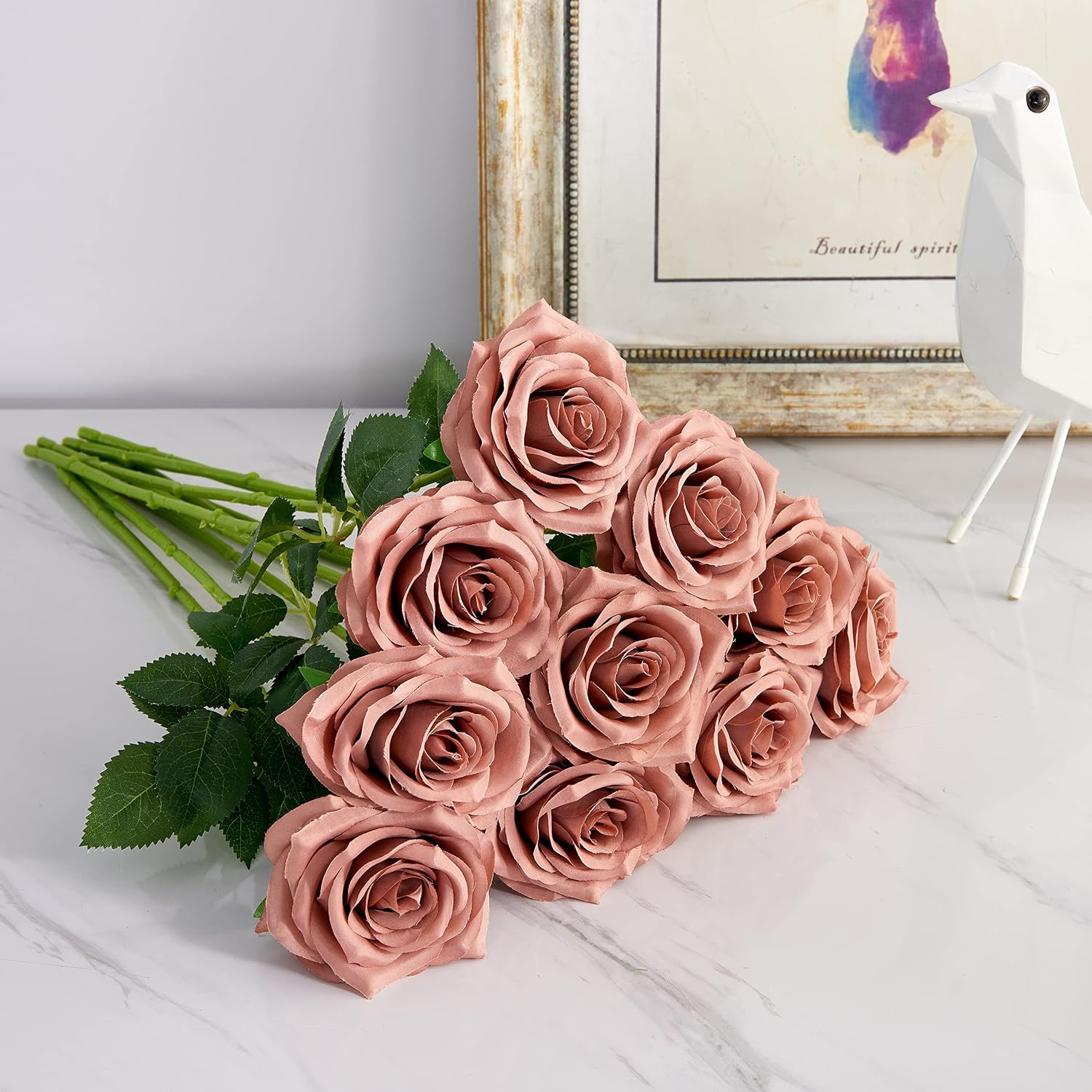 Artificial Rose 10pcs Open Flower Bouquet Faux Rose Stems for Wedding Arrangement, Bridal Bouquet, Centerpiece, Fake Faux Silk Flowers (Dusty Rose) image 5