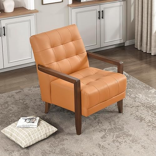 Lexicon Silla decorativa moderna, silla de lujo de cuero genuino con cojines copetudos, marco de madera maciza y reposabrazos, cómodo asiento