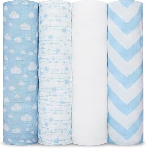 Comfy Cubs Muslin Swaddle Blankets Pack of 4 - Blue