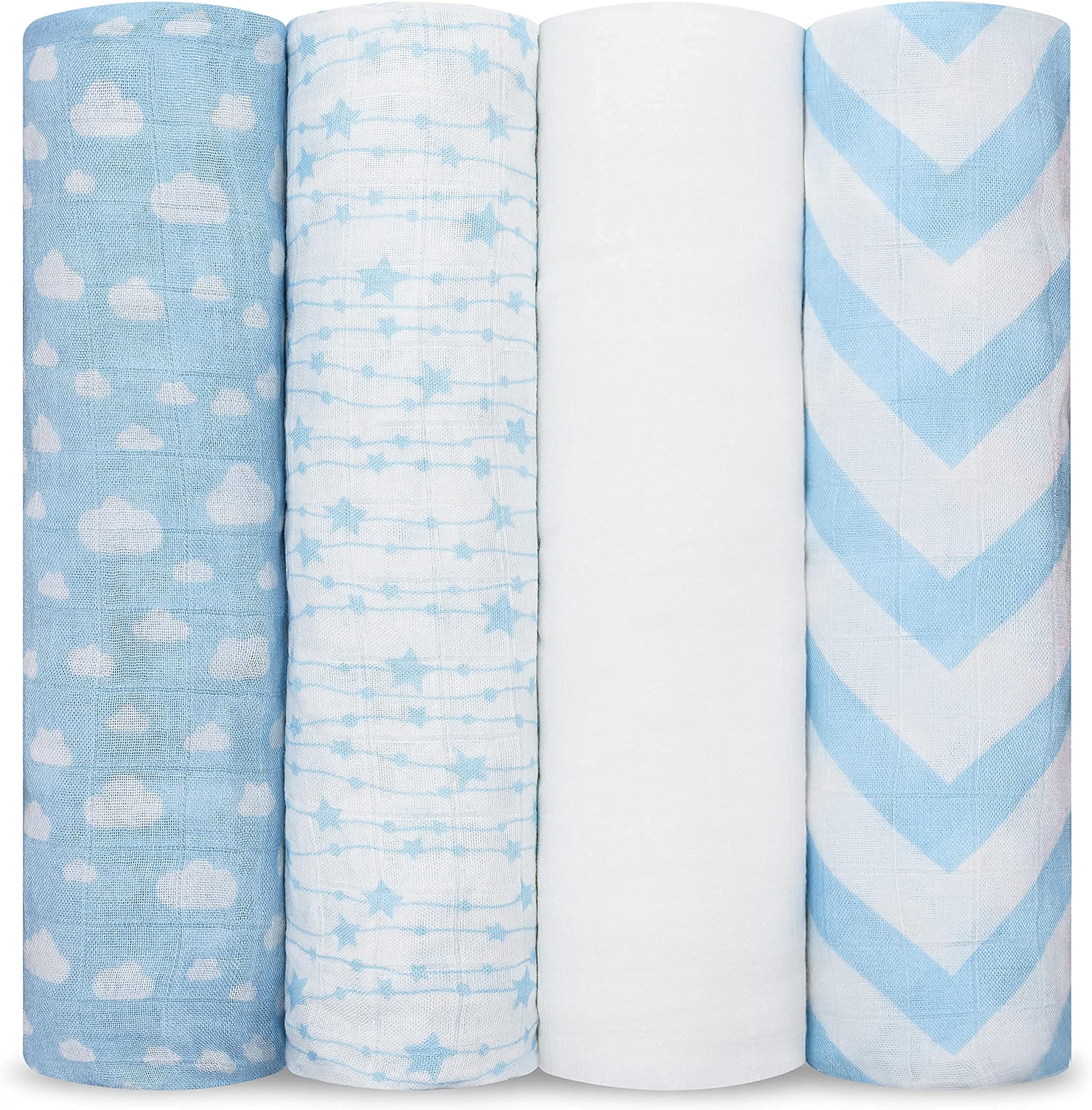 Comfy Cubs Muslin Swaddle Blankets Pack of 4-119 x 119 cm, Soft Cotton Baby Blanket Set, Large Swaddling Wraps for Newborns - Self-Soothing Baby Swaddle - Blue