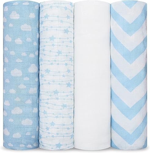 Comfy Cubs Mantas Envolventes de Muselina Paquete de 4, 47 x 47 Pulgadas, Juego de Mantas de Algodón Suave para Bebé, Envolturas Grandes
