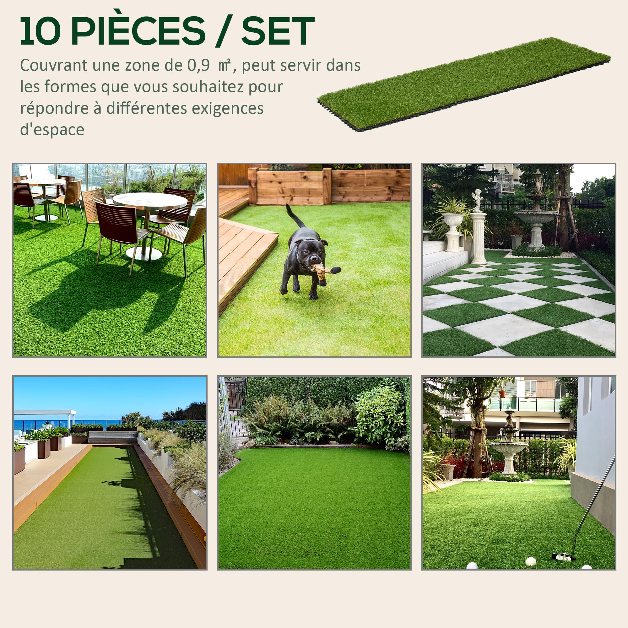 Outsunny Gazon synthétique Artificiel Set de 10 Dalles Carreaux 30 x 30 cm épaisseur Confort 3,5 cm à emboîter Vert