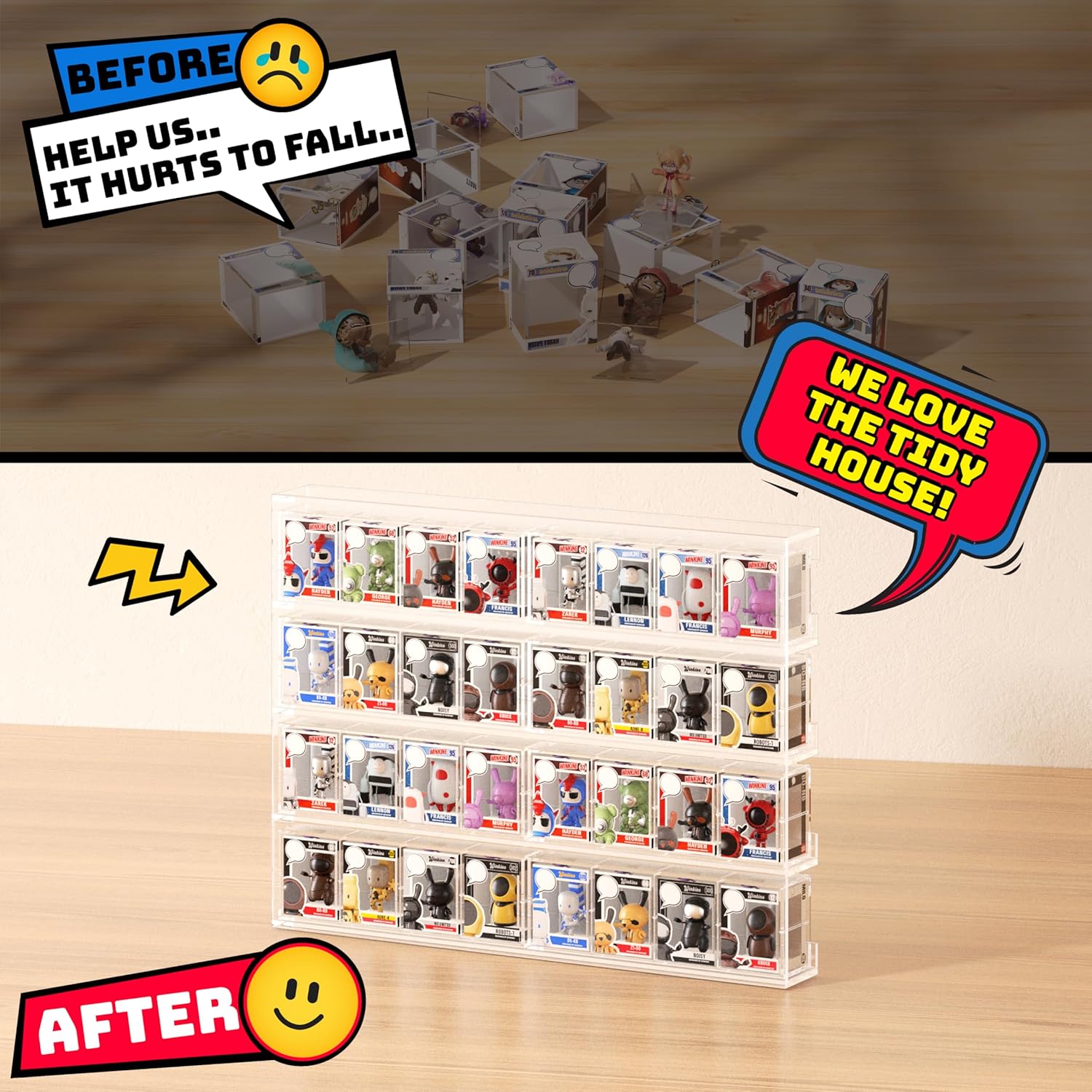 WINKINE Acrylic Display Bitty Protector Case Compatible with Funko Bitty Pop, Clear 32 Slots Figure Display Shelf for Countertop & Wall-mount, Mini Collection Case, Figure Holder Stand, 2 Pack(Clear)