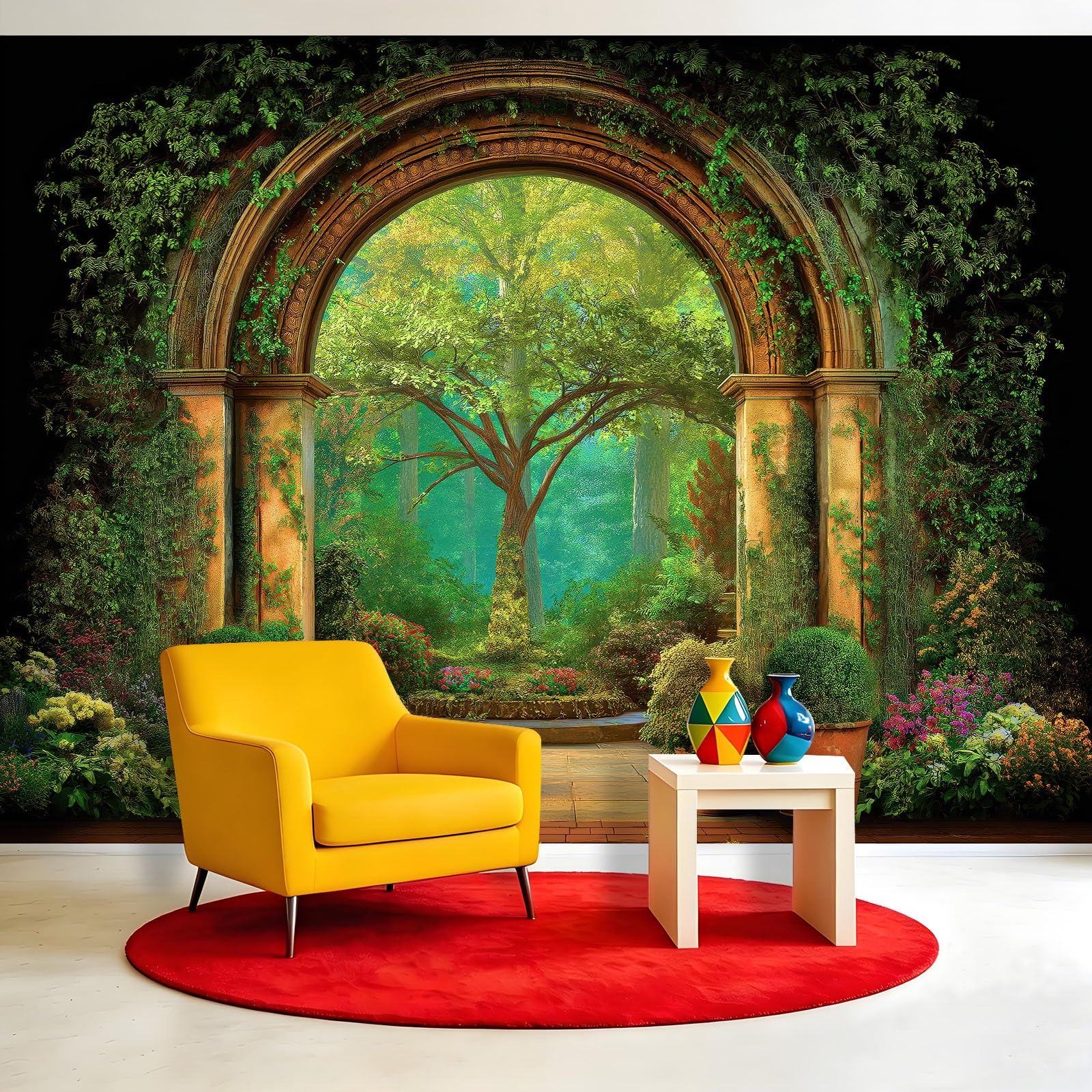 Générique Panoramiczna tapeta z naturalnego lasu, kamienny łuk 3D ogród fresk ścienny z włókniny 200 x 140 cm - dekoracyjna fototapeta ścienna do salonu pokój dziecięcy restauracja kuchnia