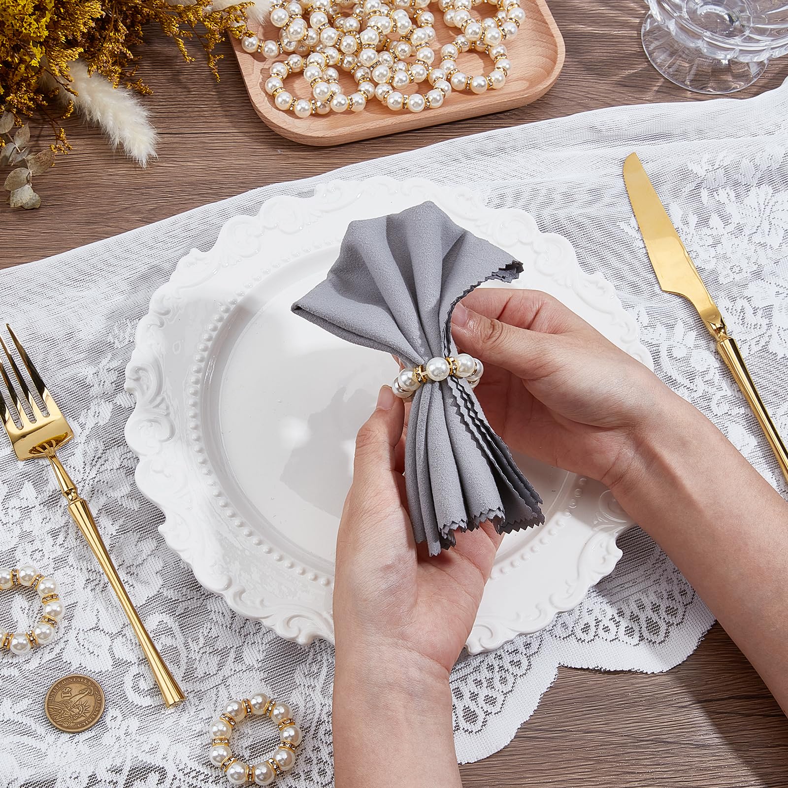 Peacoblue 120 Stück Goldene Serviettenringe mit Imitationsperle, Serviettenhalter für Tischdekoration, Vintage Serviettenringe für Hochzeit und Weihnachtsfeier