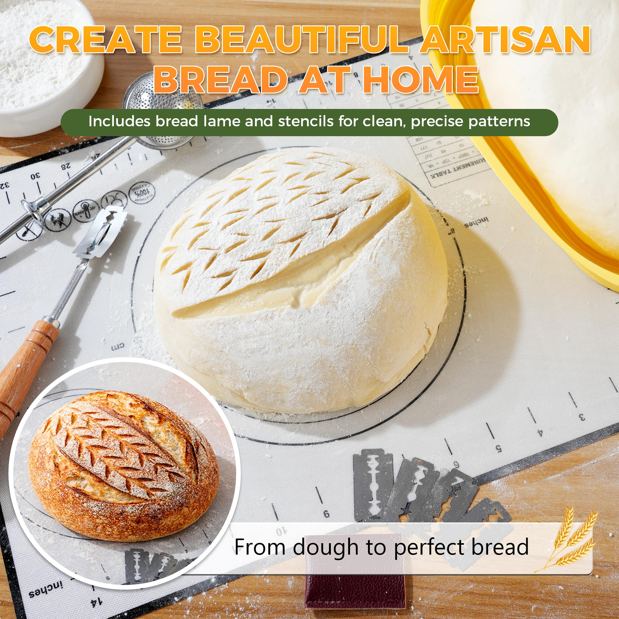 Starter kit per principianti, barattolo da 963,9 g con marcatura graduata, 2 cestini in silicone, kit completo per la cottura del pane con guida e ricette, facile da usare e pulire, giallo