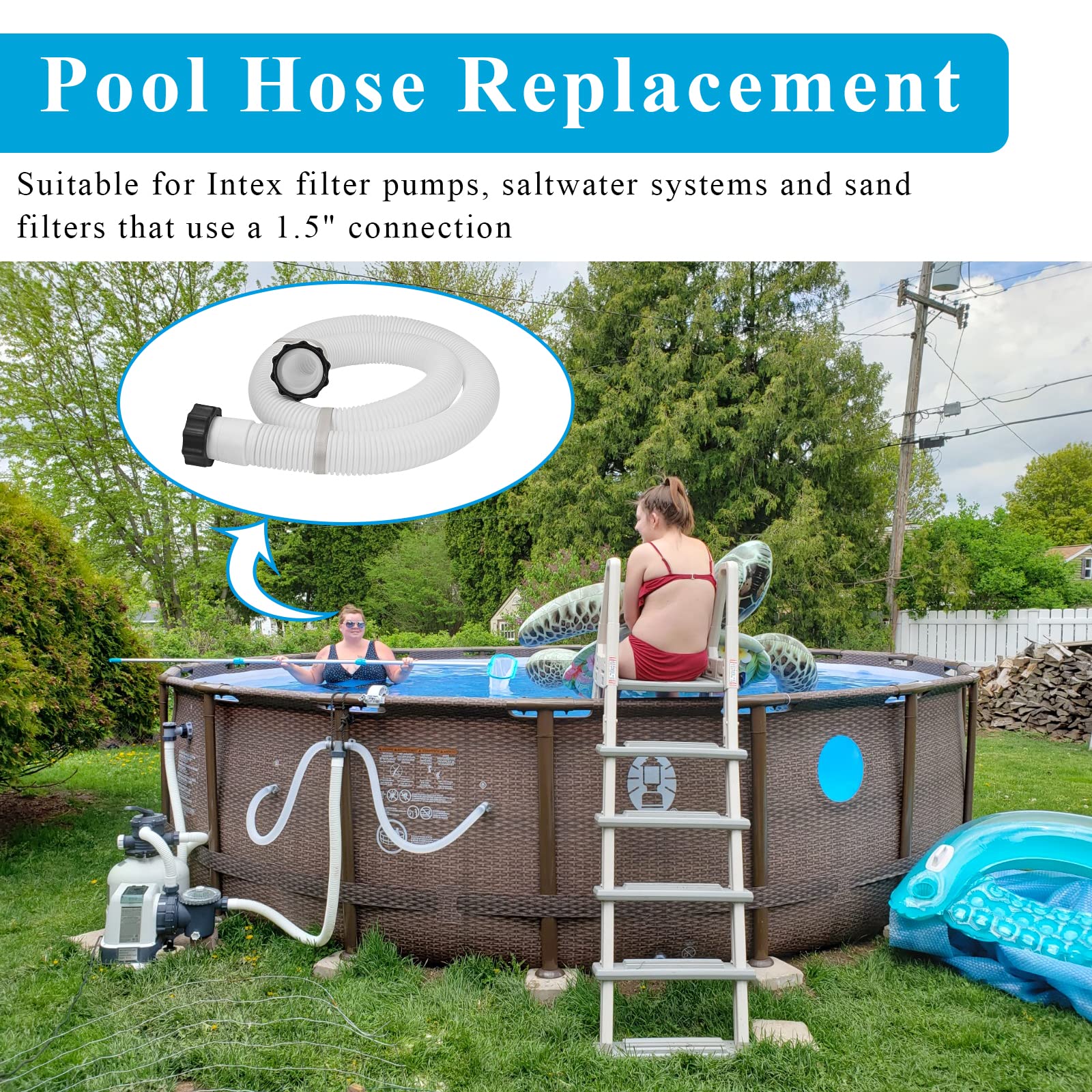 15ft 1.5 Inch Pool Hose For Above Ground Pools – EVA Replacement Filter Hose With Fittings (Blue)