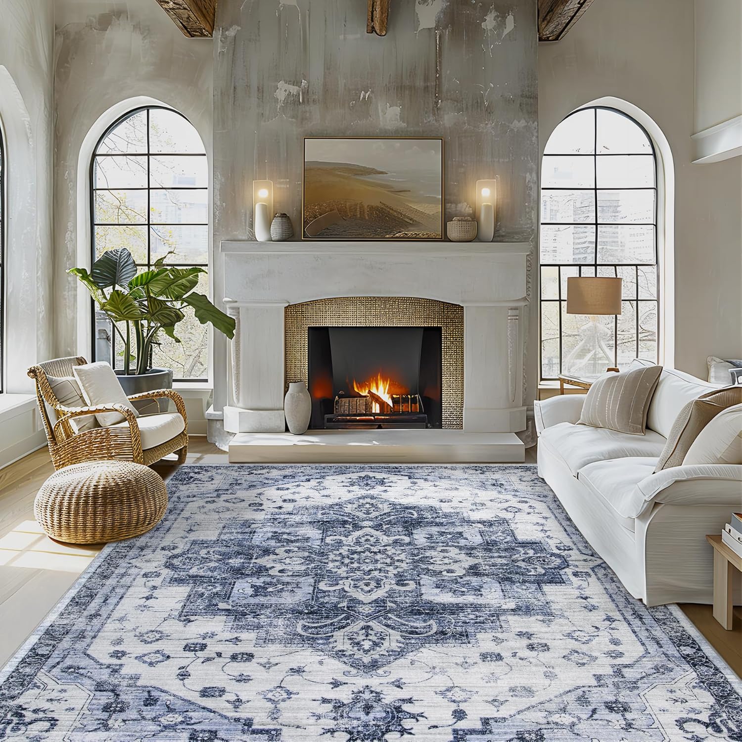 Washable Rug Living Room Rugs: 8x10 Area Rug Large Soft Boho Vintage Medallion Carpets Indoor Floor Anti Slip Non-Shedding Thin Carpet for Bedroom Dining Room Farmhouse Nursery Home Office-Blue/White Blue/White 8'x10'