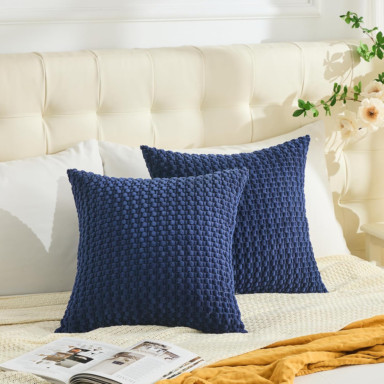 GAWAMAY Decorative Throw Pillow Covers 26x26 Inch Set of 2 for Living Room Couch Bed Sofa, Farmhouse Square Cushion Cover Soft Striped Corduroy Pillow Cases Boho Accent Home Decor (66x66cm) Navy Blue