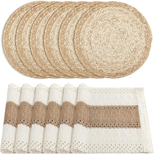 Miniatura 9 de ADRIMER Juego de 6 manteles individuales y manteles individuales bohemios, de arpillera de algodón natural y mimbre de ratán, juego de 6, camino de
