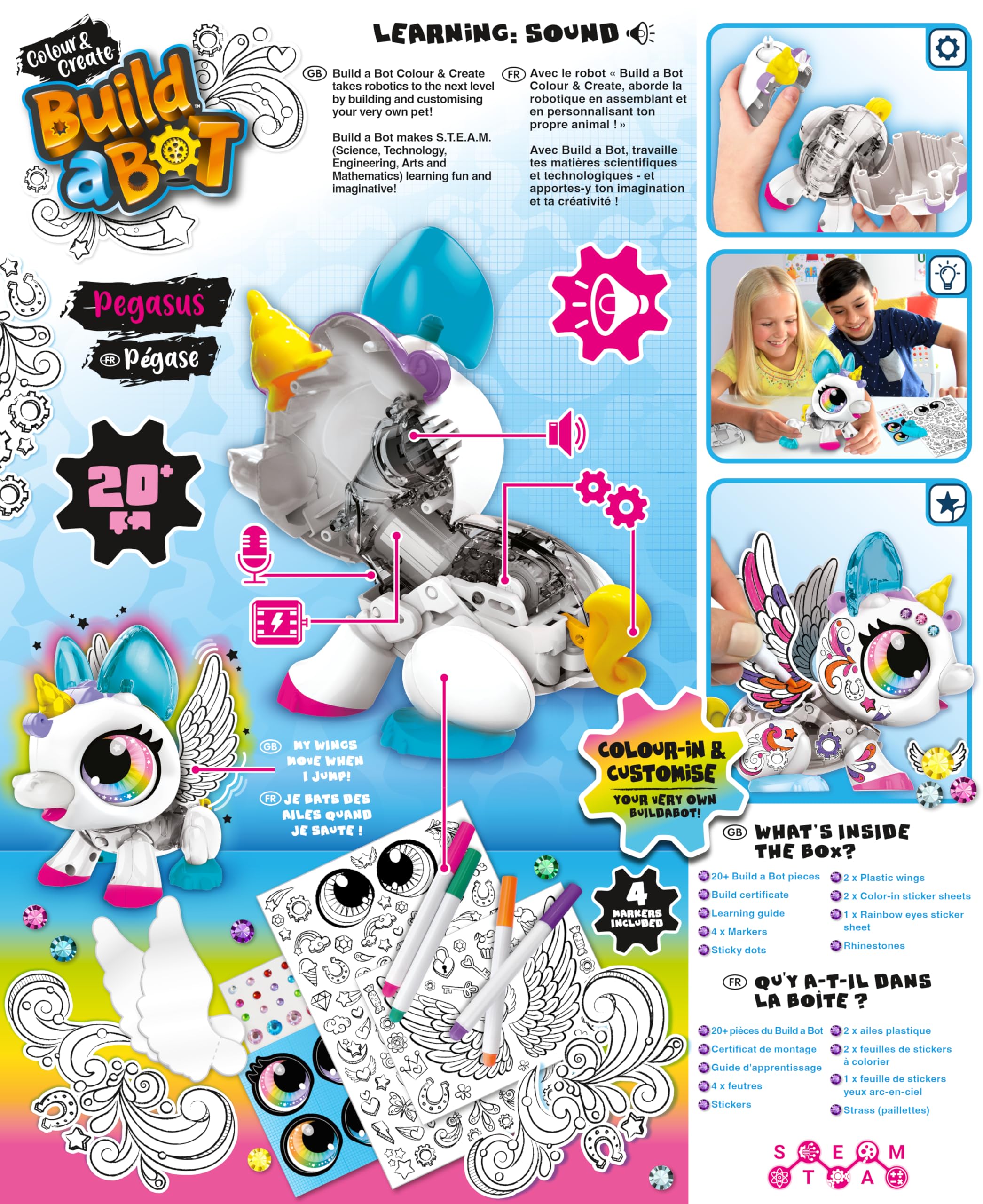 BUILD A BOT - PEGASUS Robot Animal Interactif à Construire - Dès 4 Ans - 20 Pièces + Feutres & Stickers