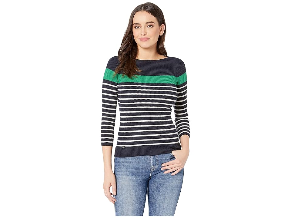 

LAUREN Ralph Lauren Cotton-Blend Boat Neck Sweater (Lauren Navy/Cambridge Green/Mascarpone Cream) Women's Clothing
