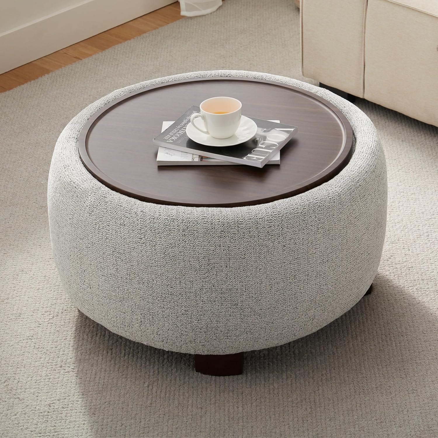 VKNOW 30" Round Ottoman with Storage, Modern Upholstered Ottoman Coffee Table with Removable Wood Top and Solid Wood Legs for Living Room, Bedroom, Apartments,Beige