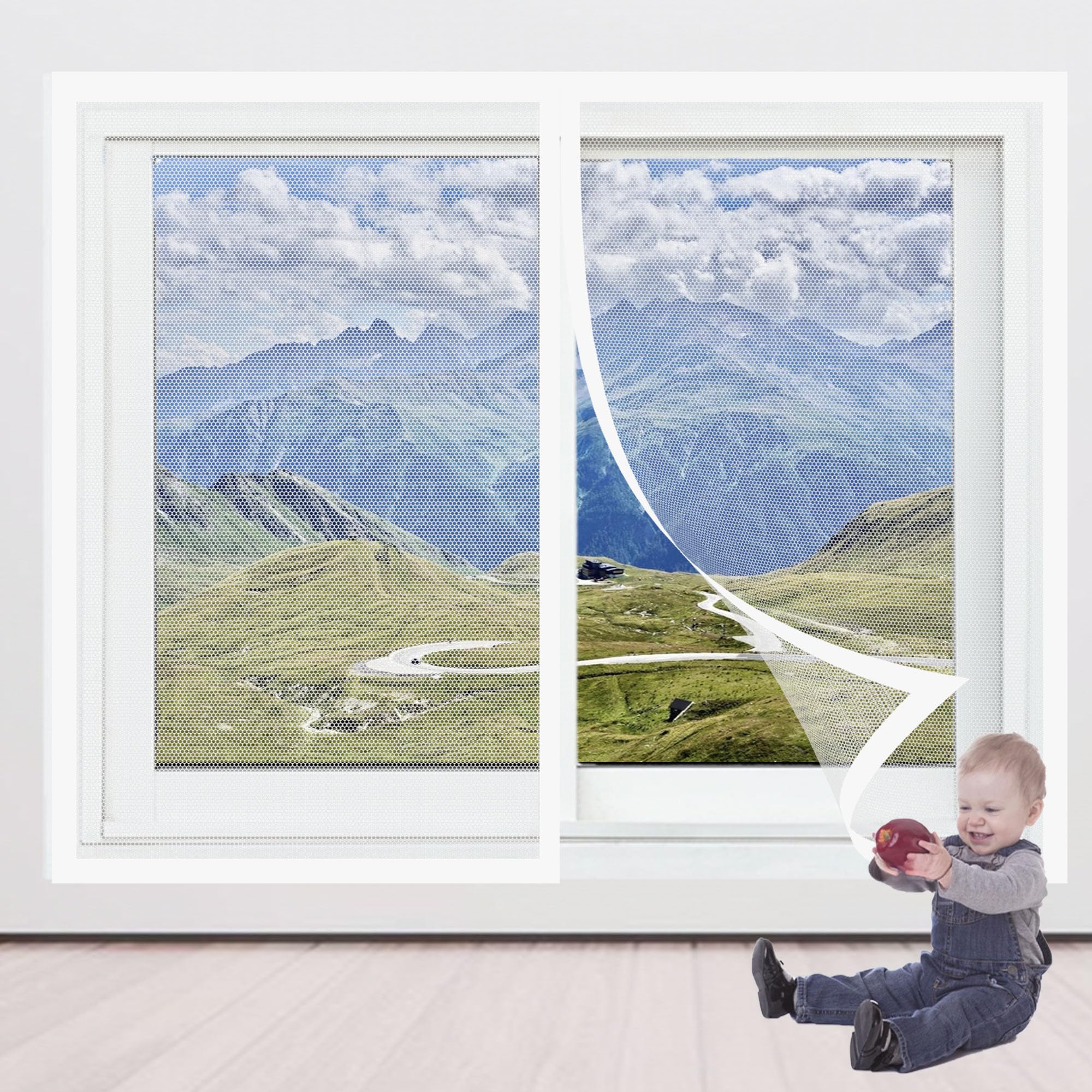 Magnetic Door Screen 129 x 127 cm Magnetic Flyscreen Net Without Drilling Close Automatically for Balcony Children's Room Window, White