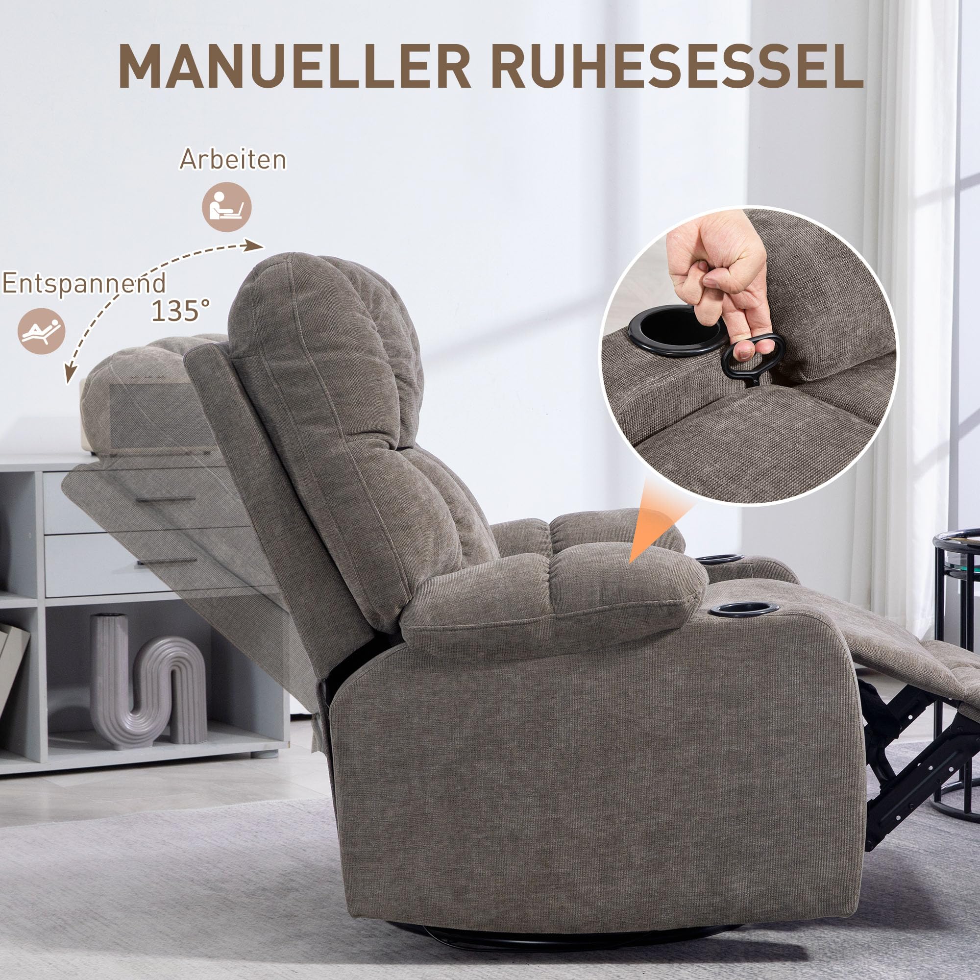 HOMCOM Relaxsessel mit Liegefunktion, Verstellbarer Rückenlehne, Hellbraun