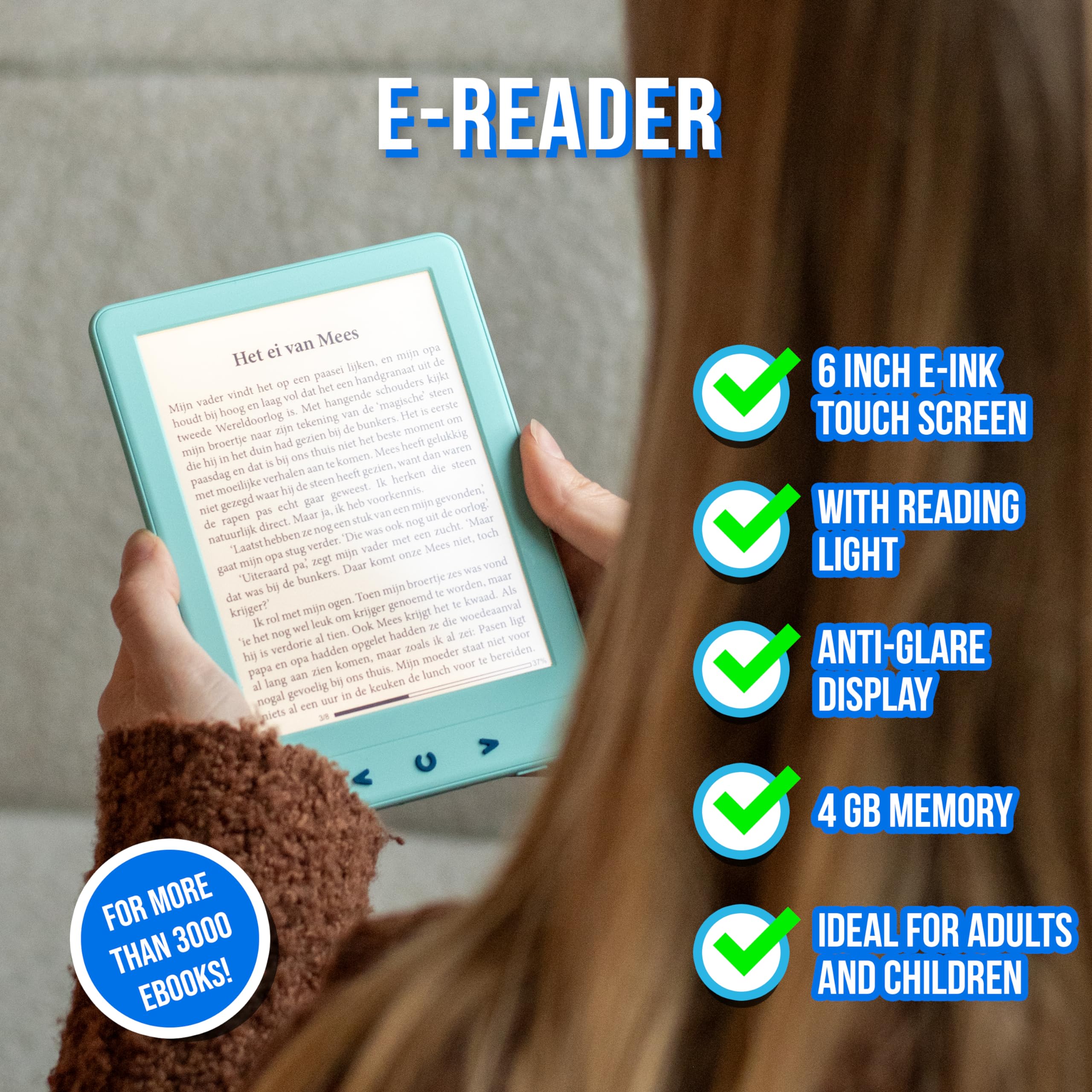 Silvergear® Czytnik eBook | Czytnik eBook z ekranem dotykowym eInk Carta 6'' | Czytnik e-booków z antyrefleksją | ze zintegrowanym podświetleniem | 4GB | Pojemność 3000 eBooków | Niebieski