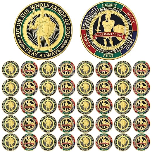 Nosiny 40 Pcs Put on The Whole Armor of God Coins Bulk Christian Challenge Coins Metal Commemorative Prayer Gifts for Men Collectors, Religious Church Party Military Souvenir(Vivid)
