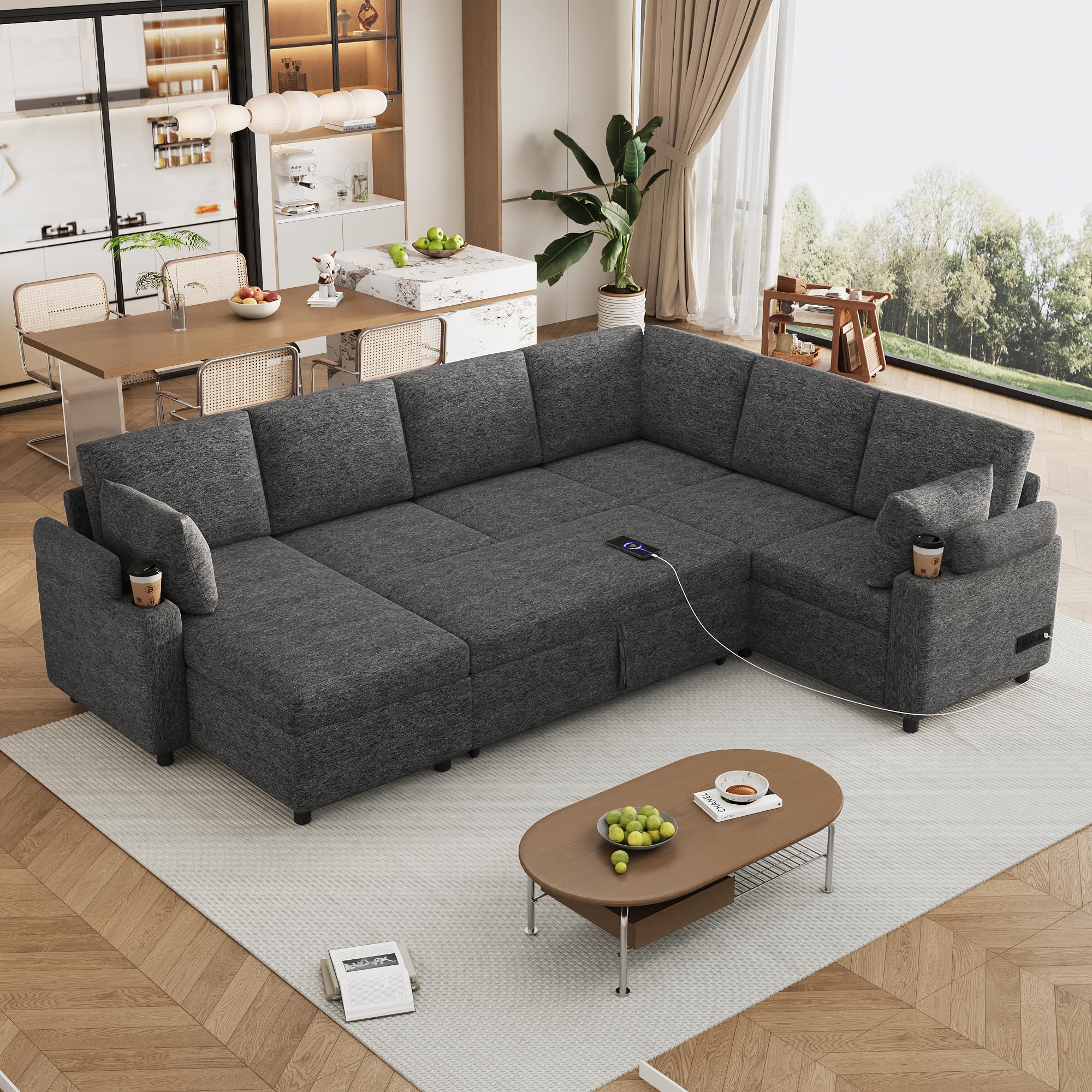 Sectional Sleeper Sofa with Pull Out Bed, 110” Oversized U-Shaped Sectional Couches for Living Room, 4 in 1 Sofa Bed with Storage Chaise Lounge | Charging Ports, Chenille (Grey)