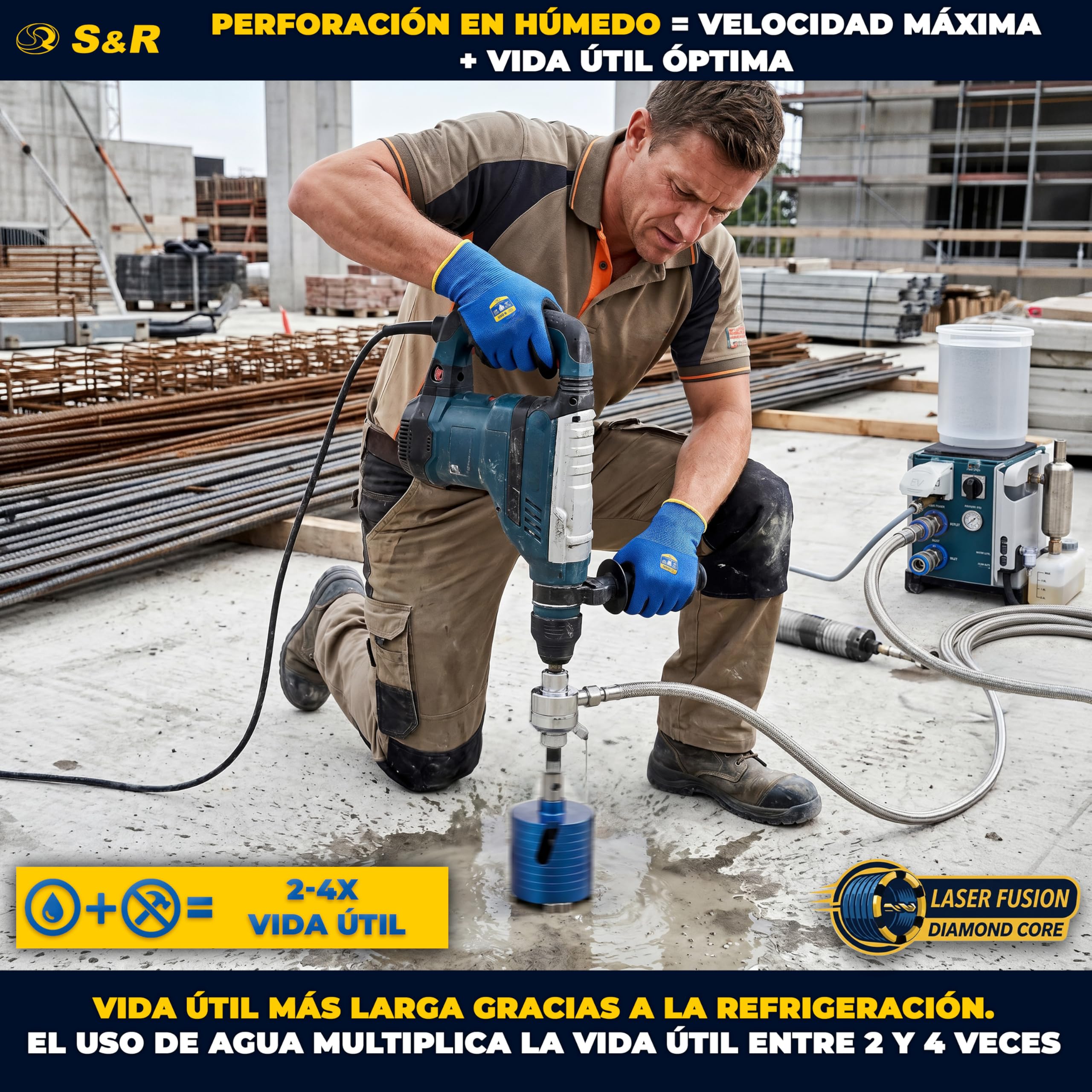 S&R Corona de Perforación de Diamante – Set 72 mm - Altura de segmento 10 | Broca Central 8 x 120 mm + Adaptador SDS-plus + Caja estable - Avellanador de latas