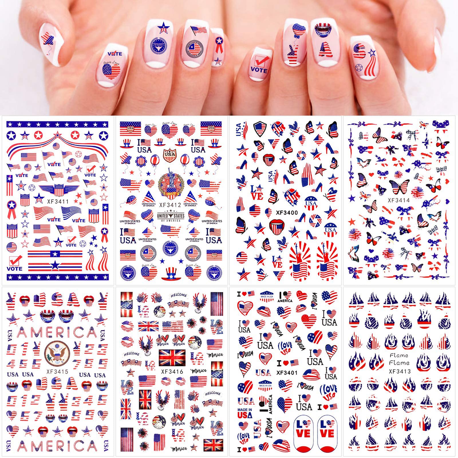 Amazon.com: Nail Art Stickers, USA Independence Day Patriotic Designer Nail  Art Decals 3D Self-Adhesive Acrylic Nail Supply Flame Butterfly Heart Design  I Love American Nail Sticker 8 Sheets Nail Art Design Kids :